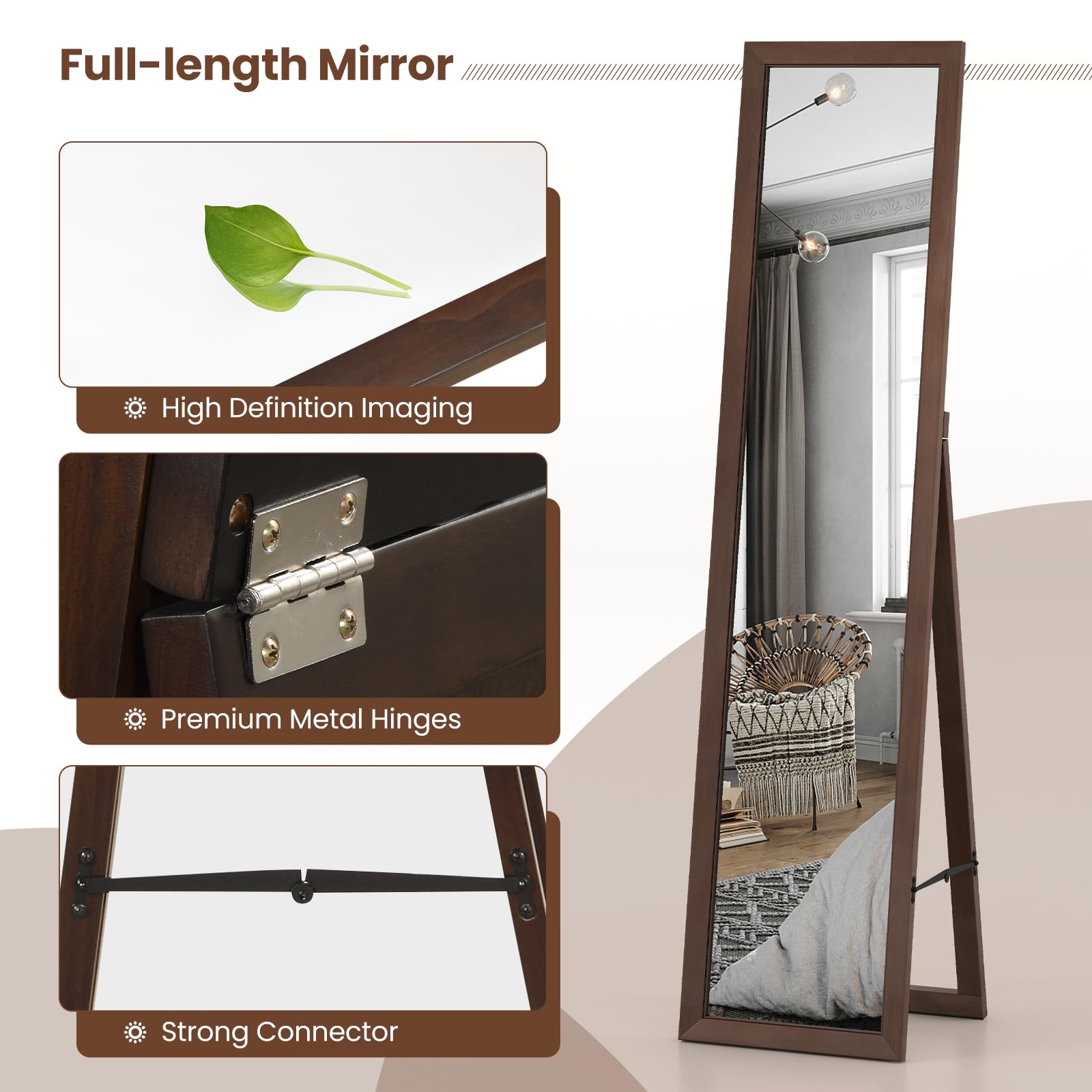 CHARMAID Full Length Mirror with Stand, Full Body Floor Mirror with Solid Wood Frame