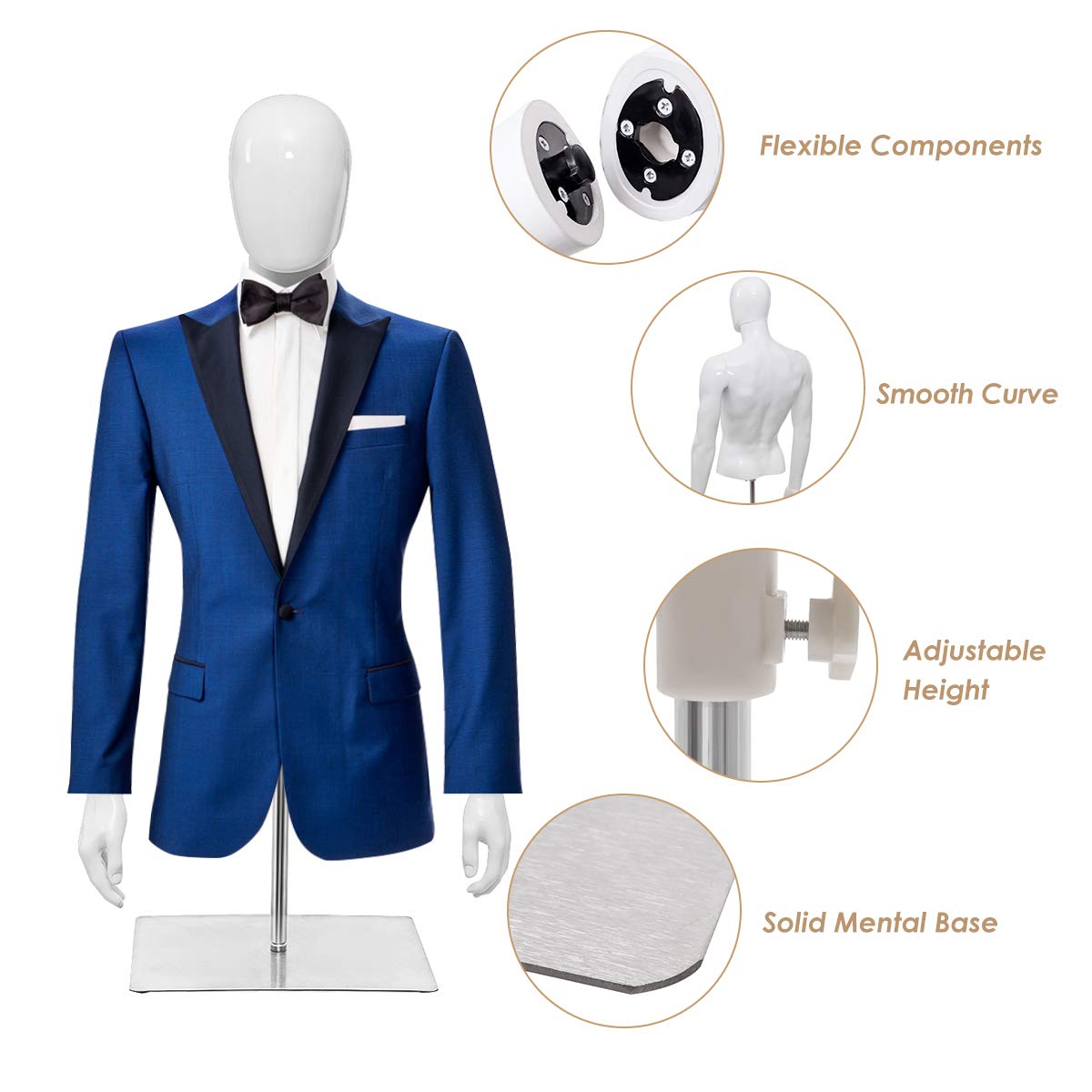 Giantex Male Mannequin Torso Adjustable Height Detachable Arms Dress Form Display w/Metal Stand, Bright White 