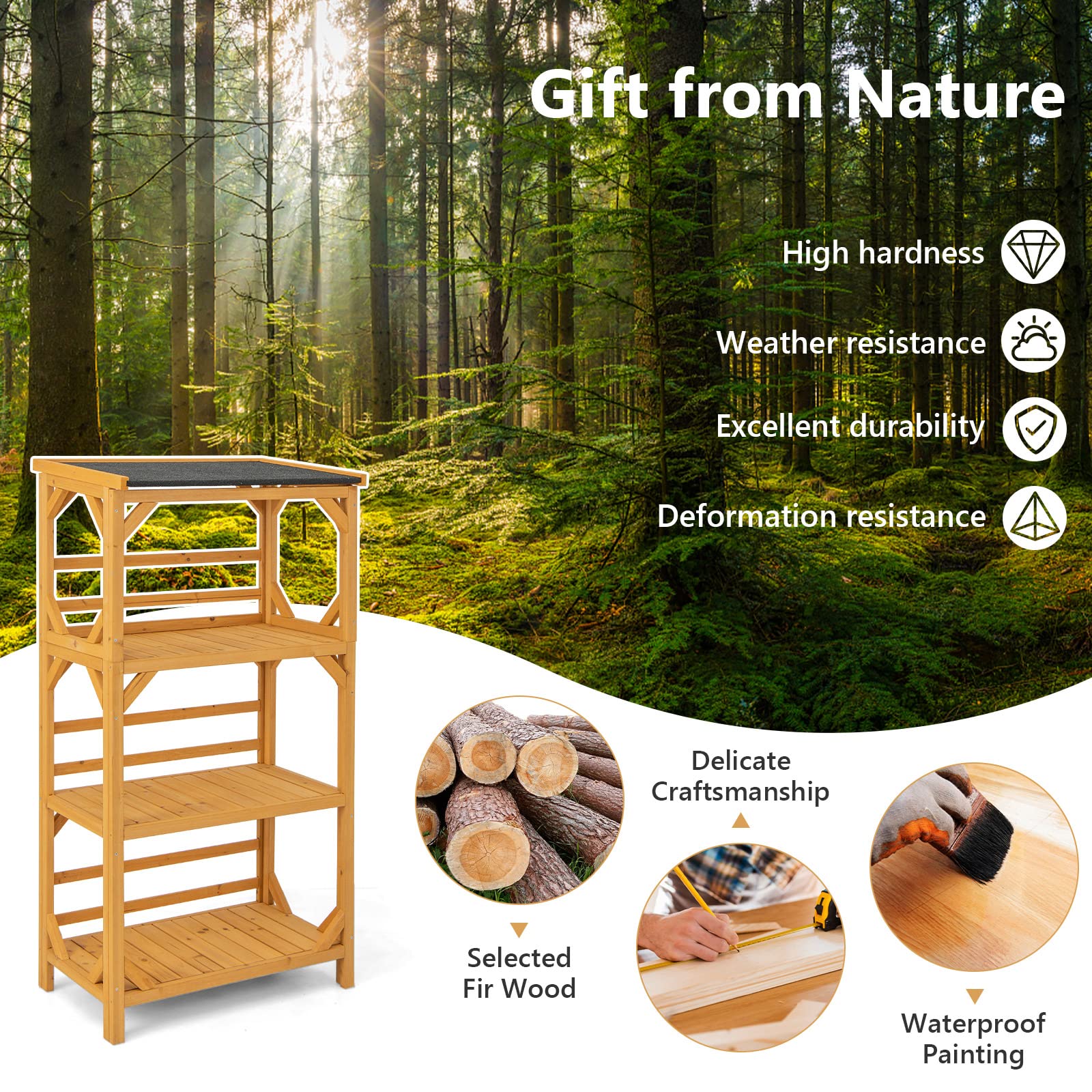 Giantex Plant Stand with Roof - 54'' Outdoor Storage Shelves, 3-Tier Wooden Plant Rack with Weatherproof Asphalt Roof 