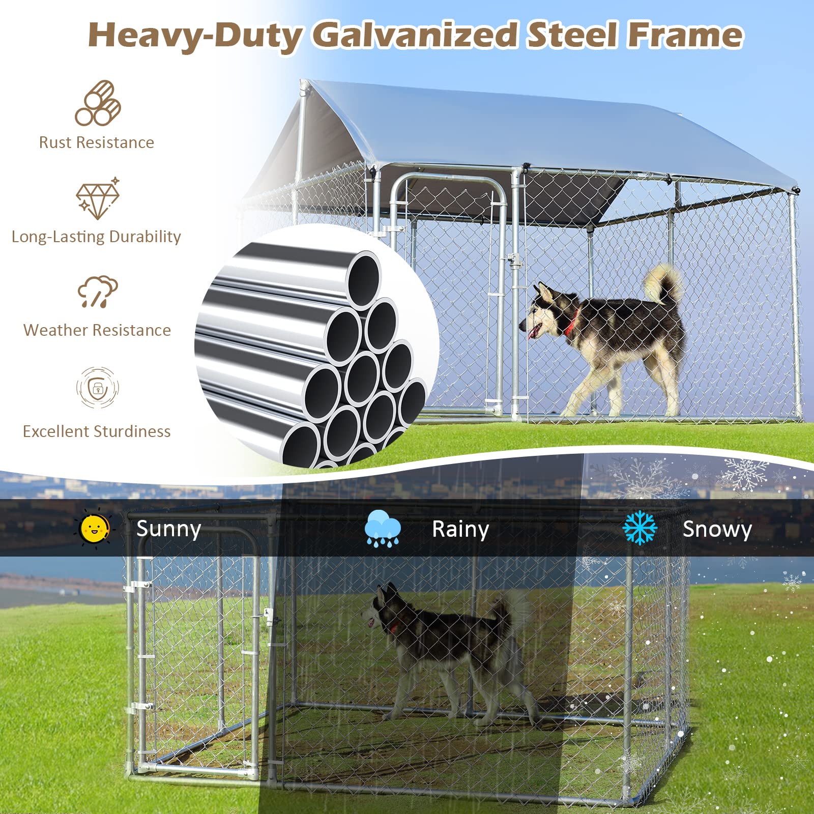 Giantex Outdoor Dog Kennel with Roof, 7.5ft Dog Fence with Door and Waterproof Cover 