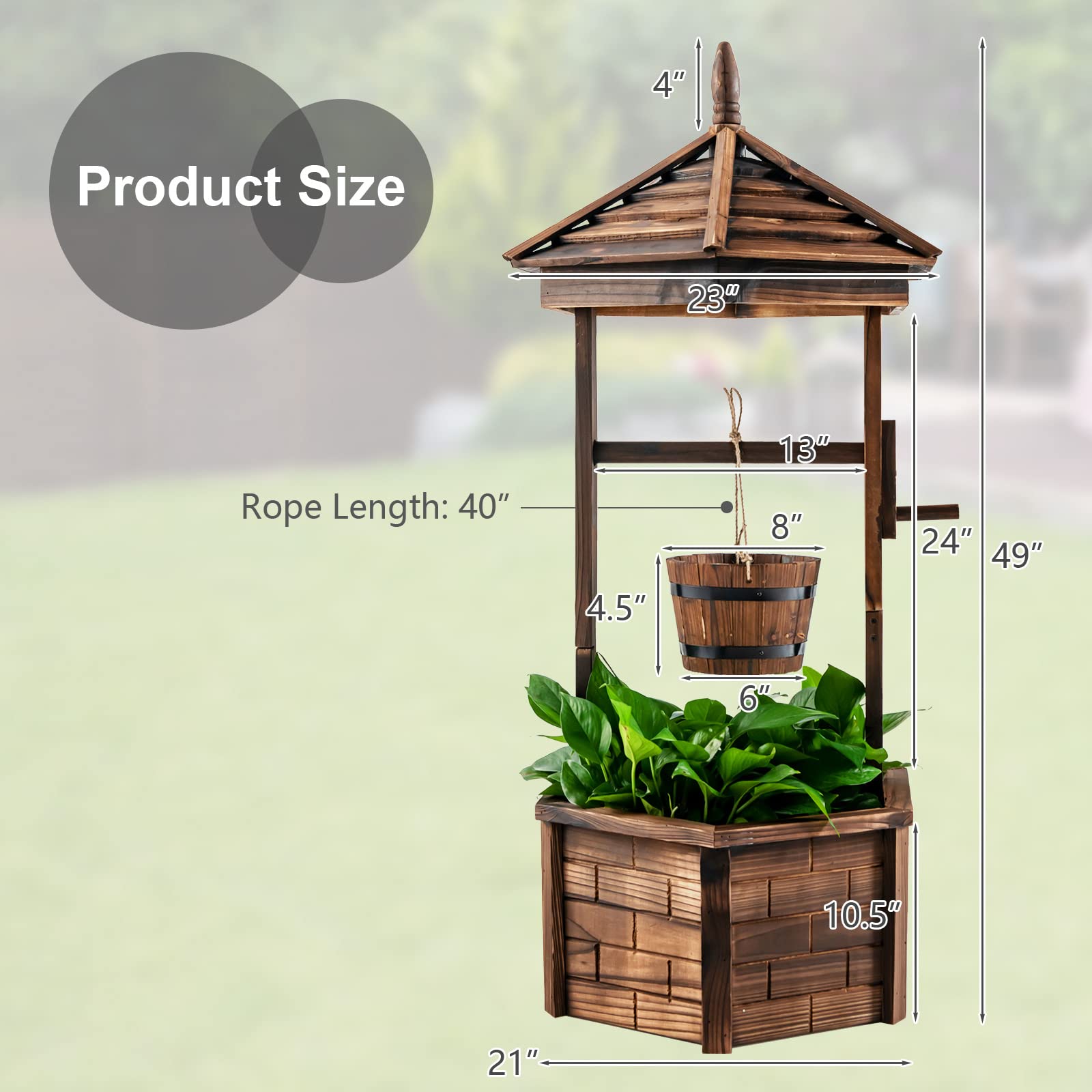 Giantex Rustic Wooden Wishing Well Planter with Hanging Bucket, Roof Shadow