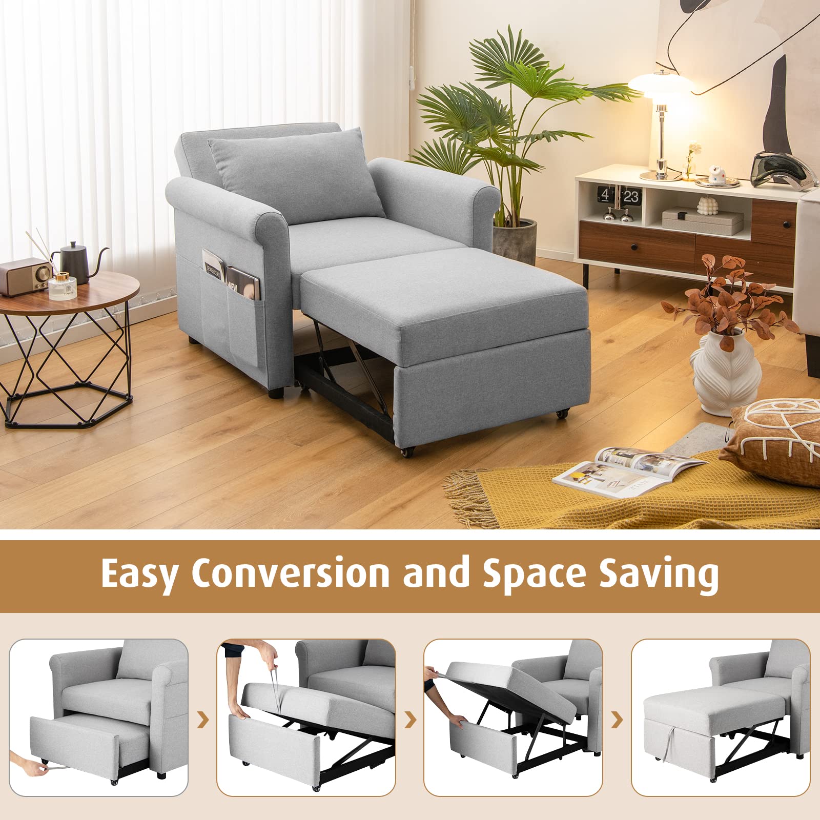 Giantex Convertible Sofa Sleeper - 3-in-1 Pull-Out Chair Bed, Adjustable Recliner Backrest 