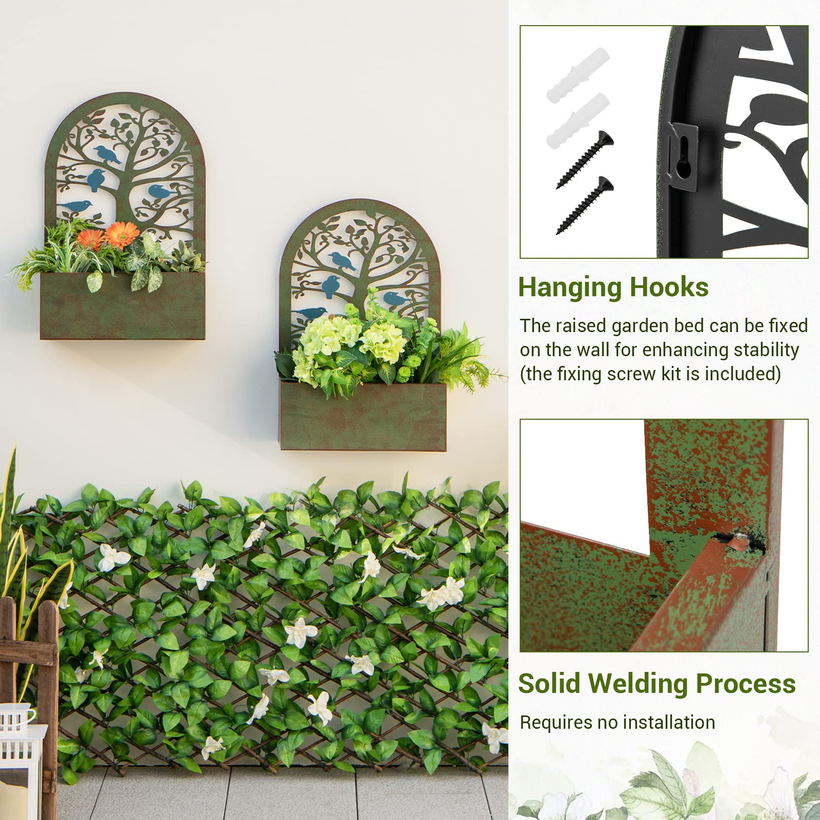 Giantex Raised Garden Bed Set of 2 - Wall-Mounted & Freestanding Decorative Planter Boxes with Trellises 