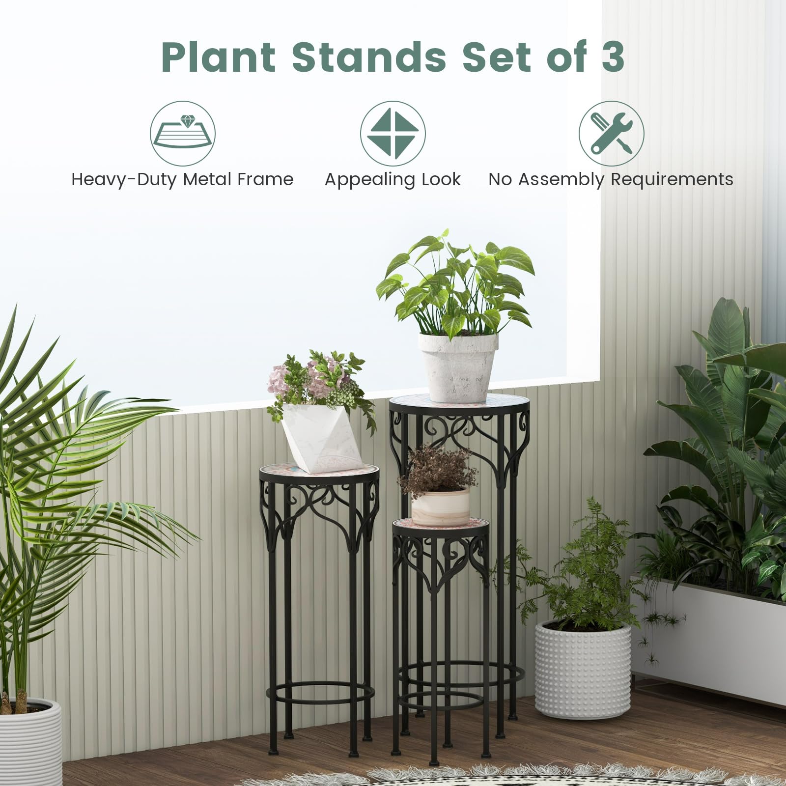 Giantex Metal Plant Stand Set of 3, 28" Mosaic Tall Flower Stand with Ceramic Top 