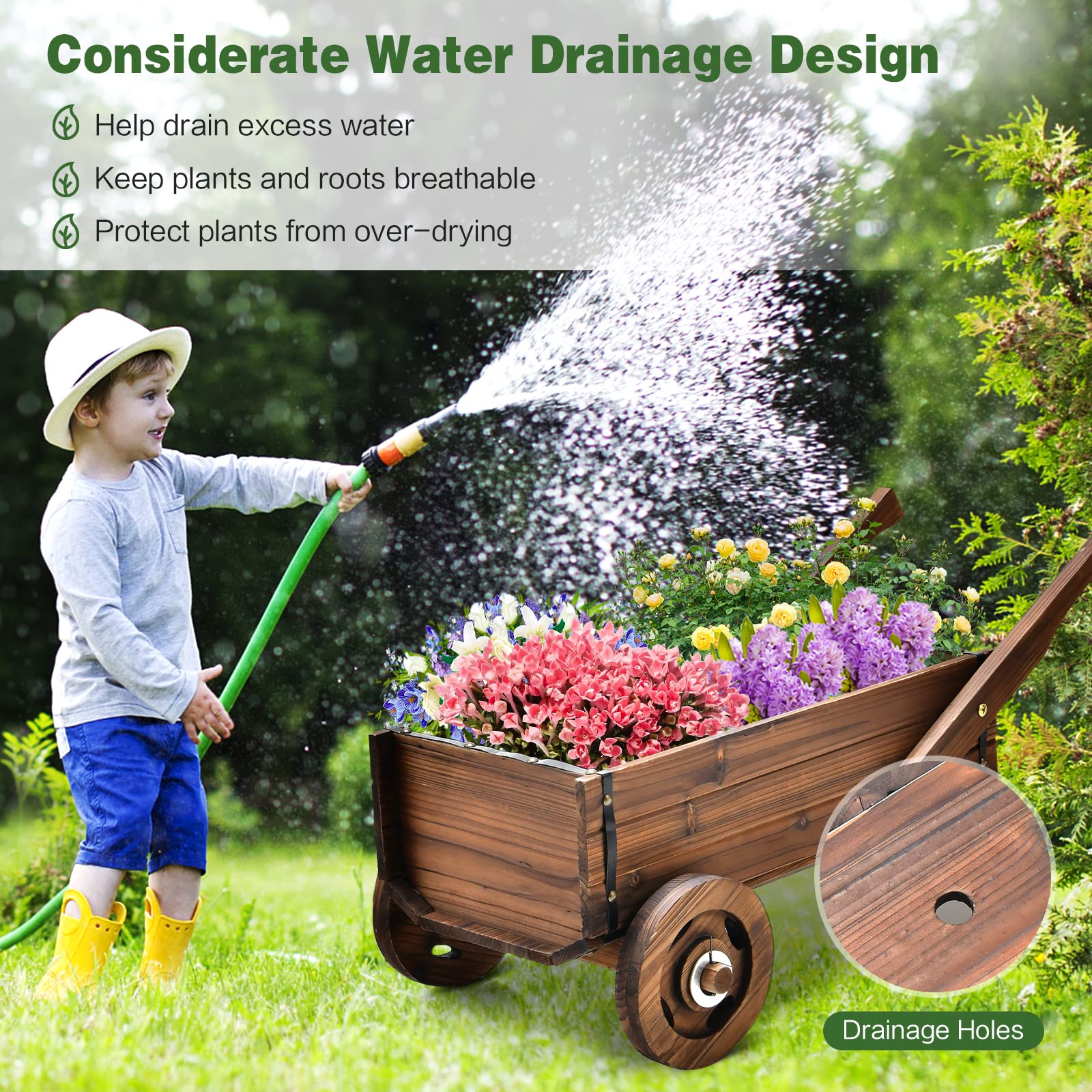 Giantex Wooden Wagon Planter Box, Decorative Wagon Cart with Wheels, Handles 