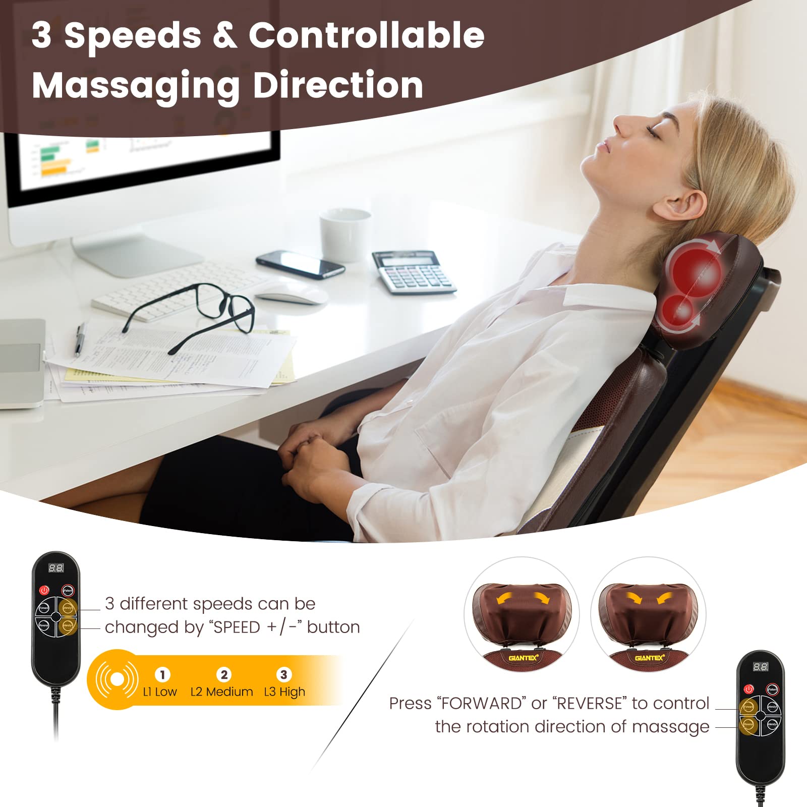 Giantex Back Massager Chair Pad - Chair Massager with Adjustable Neck Pillow, 3 Speeds & 3-Level Timer, Brown 
