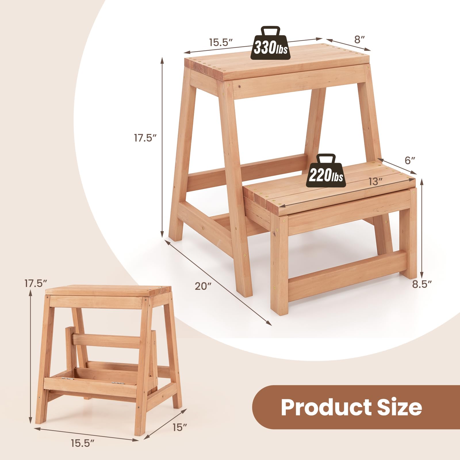 Giantex Folding Step Stool, Wooden 2-Step Stool for Kids & Adults, Holds up to 550Lbs 