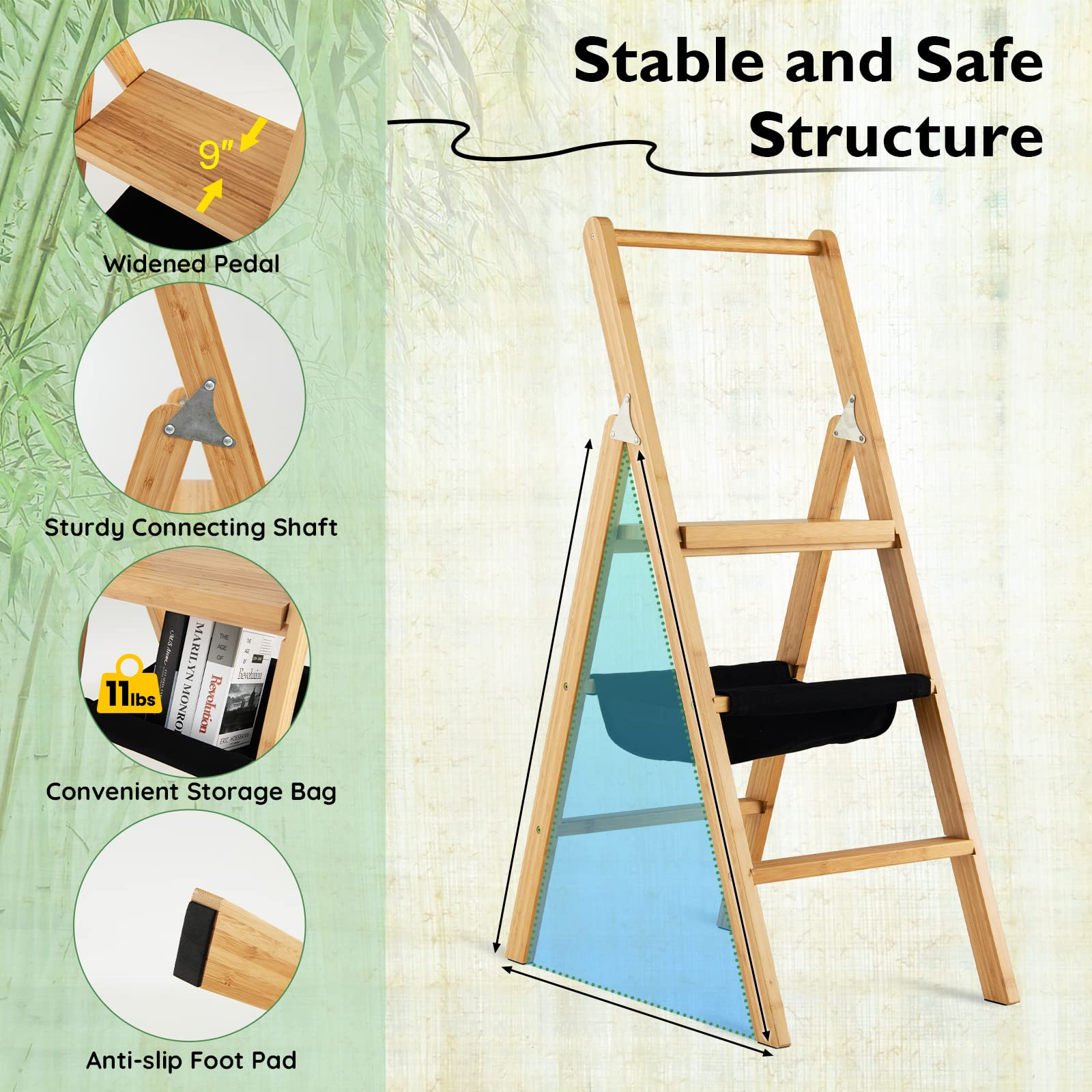 100% Bamboo Folding Step Stool with Handrail | 3 Step Ladder 