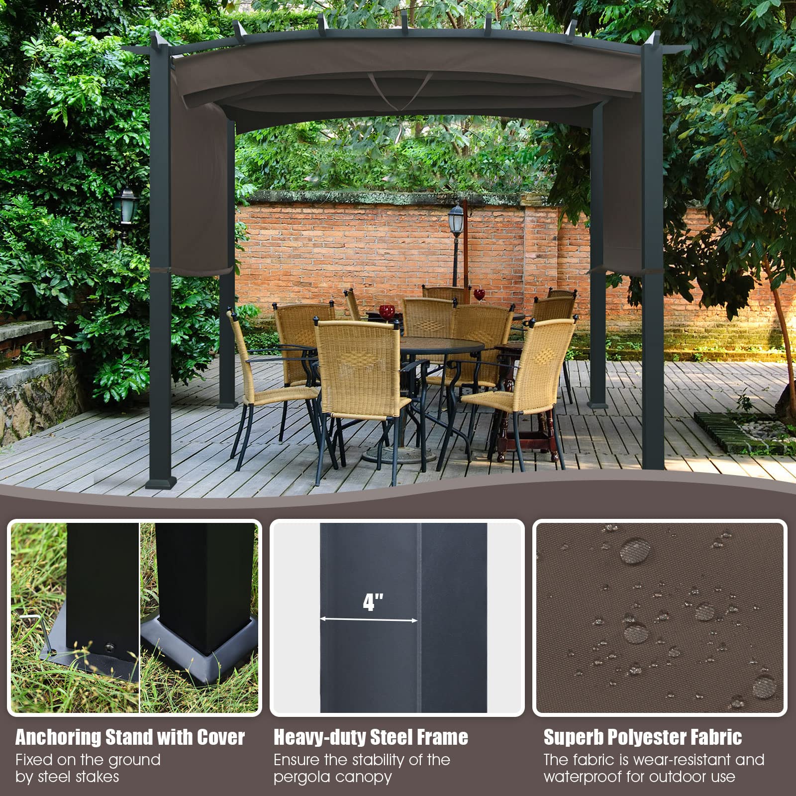 Outdoor Retractable Pergola 10' x 10', Metal Patio Gazebo Pergola 