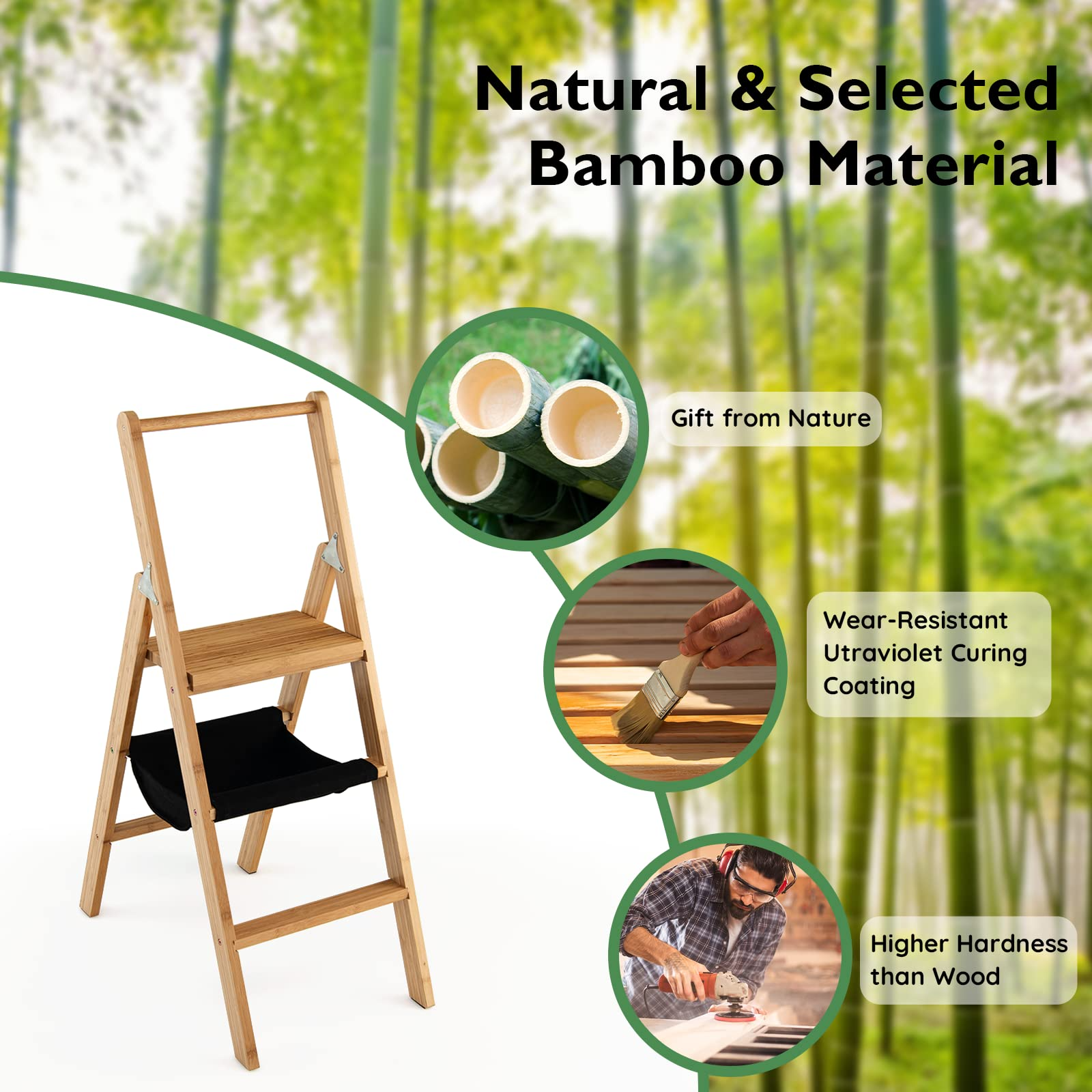 100% Bamboo Folding Step Stool with Handrail | 3 Step Ladder 