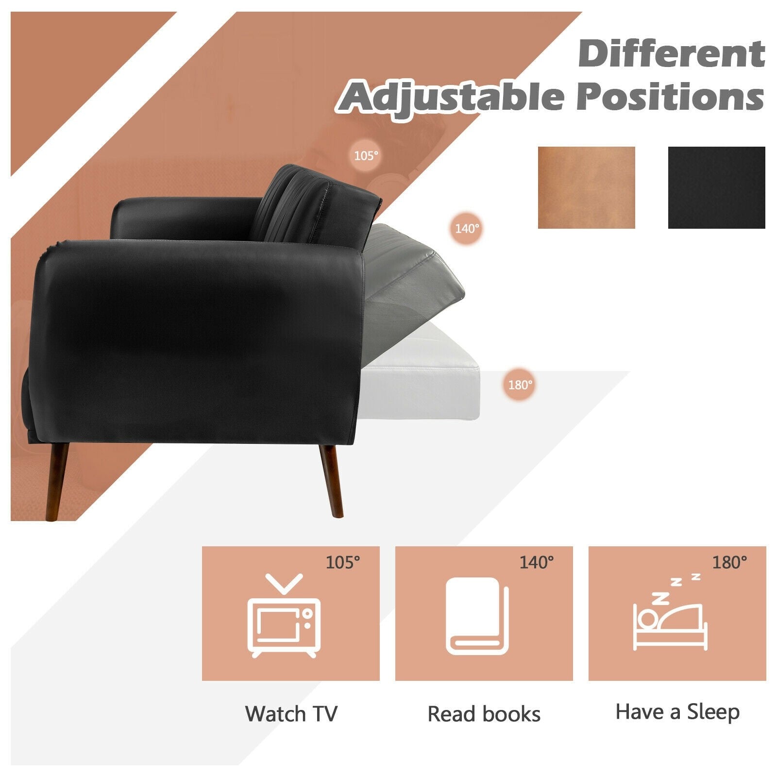 Giantex 3 Seat Sofa Bed, Convertible Futon Sofa, Adjustable Backrest, Foldable Couch Sleeper with Armrest (Black) 