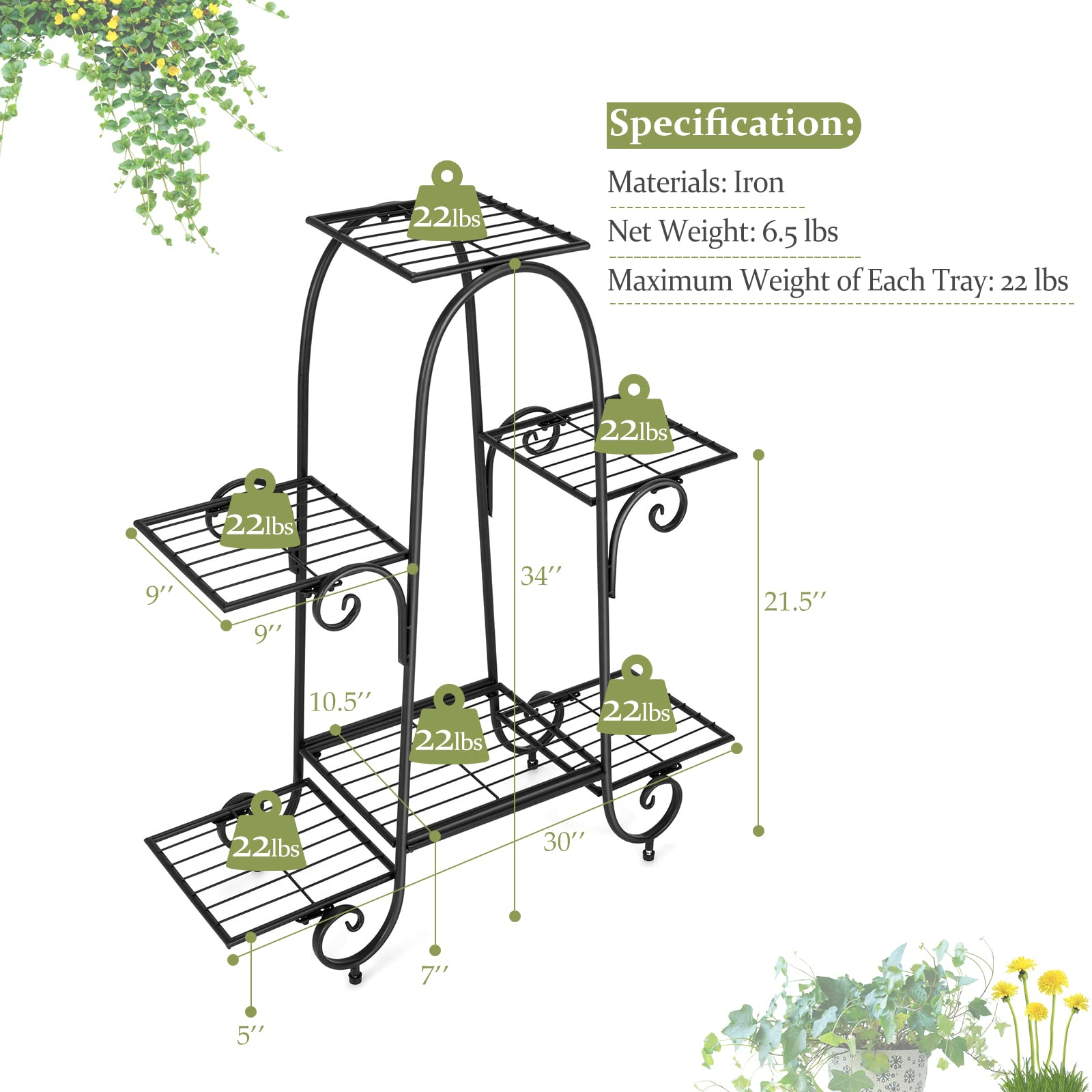 6 Tiers Metal Plant Stand Flower Pots Holder 