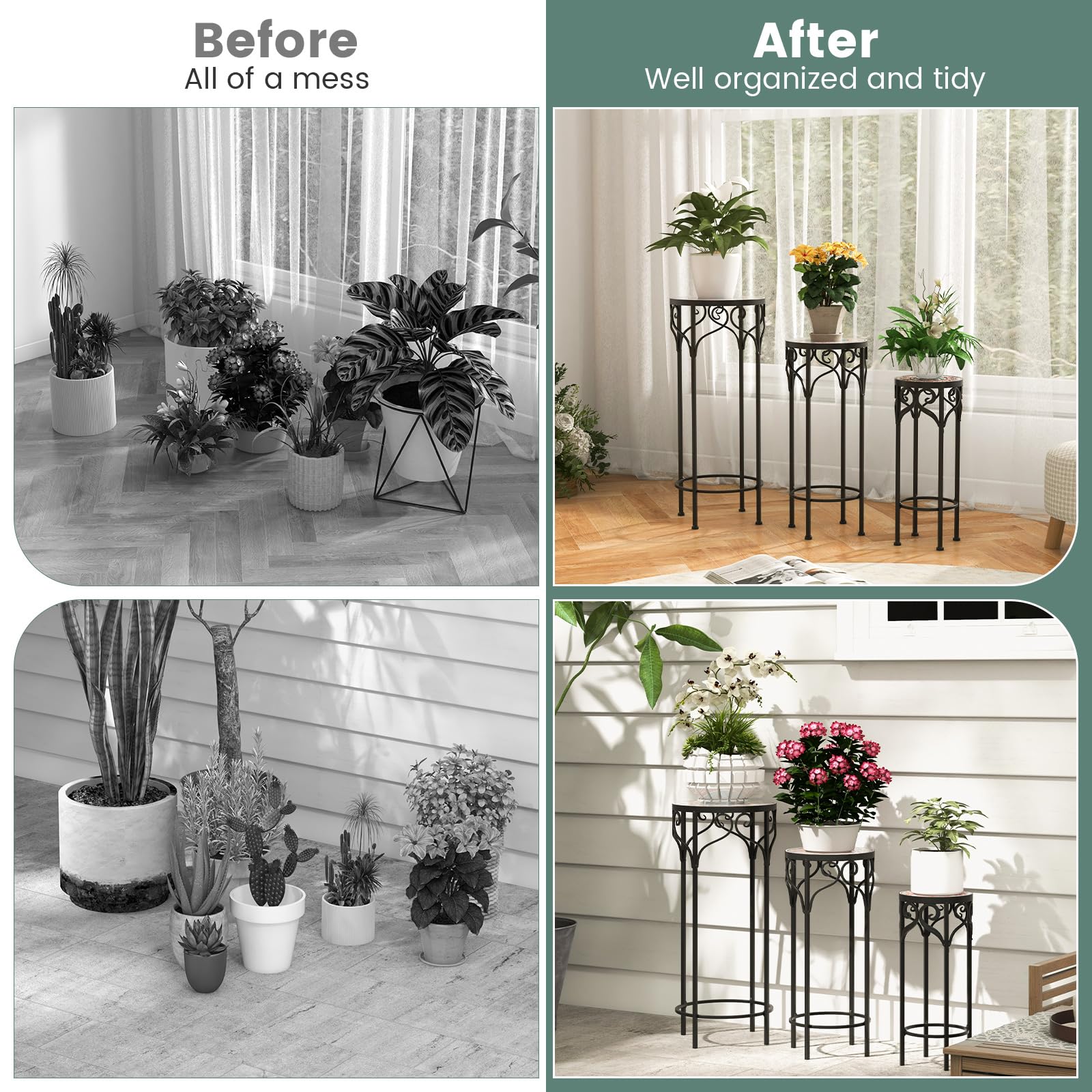 Giantex Metal Plant Stand Set of 3, 28" Mosaic Tall Flower Stand with Ceramic Top 