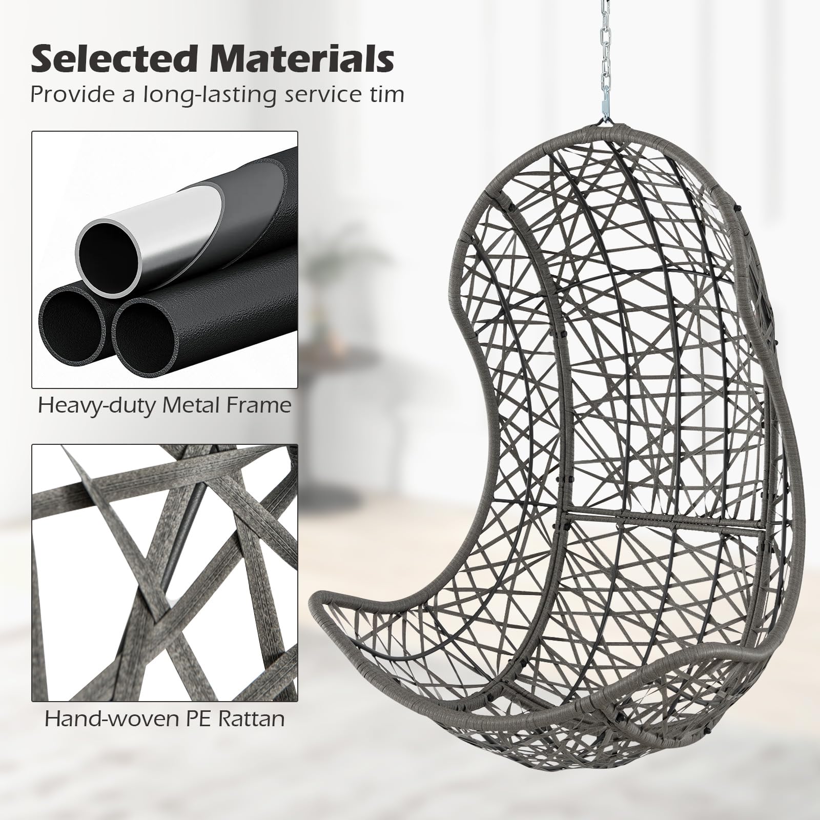 Giantex Swing Egg Chair Outdoor - PE Rattan Hammock Chair with Soft Pillow, Cushion, Metal Frame, Hanging Accessories 