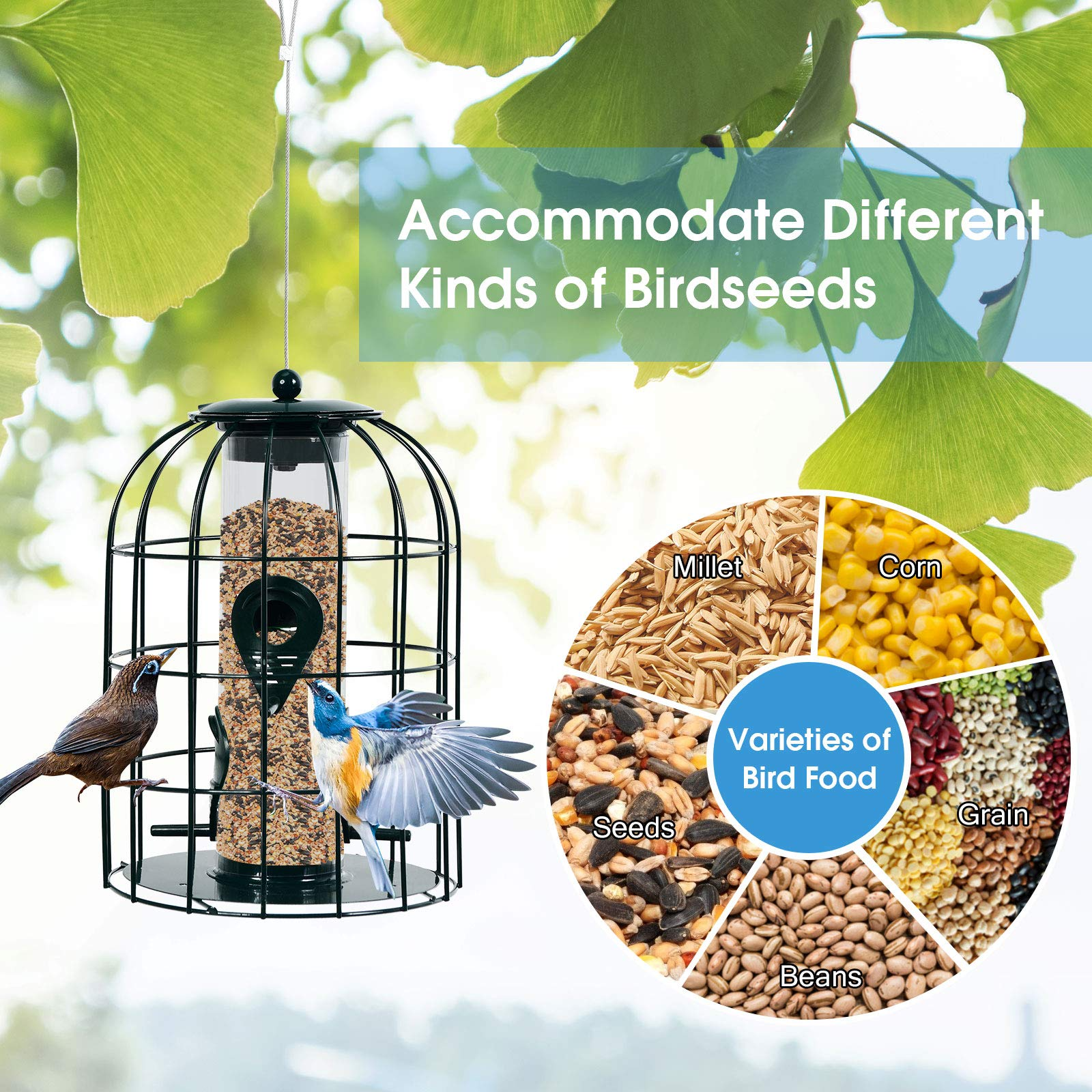 Giantex Metal Hanging Bird Feeder, Outdoor Squirrel-Proof Bird Feeder Cage with 4 Feeding Ports, Transparent PC Tube 