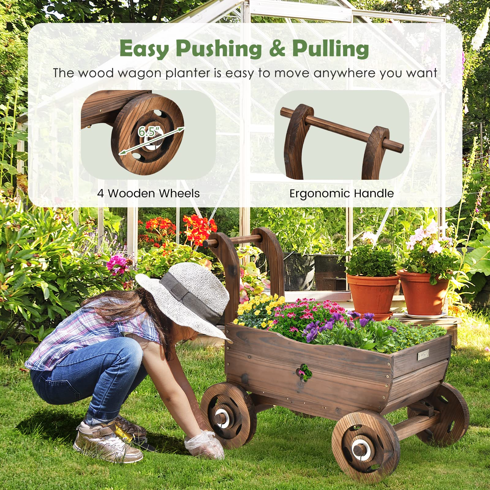 Giantex Wooden Wagon Planter Raised Bed on Wheels, Handle, Drainage Hole 