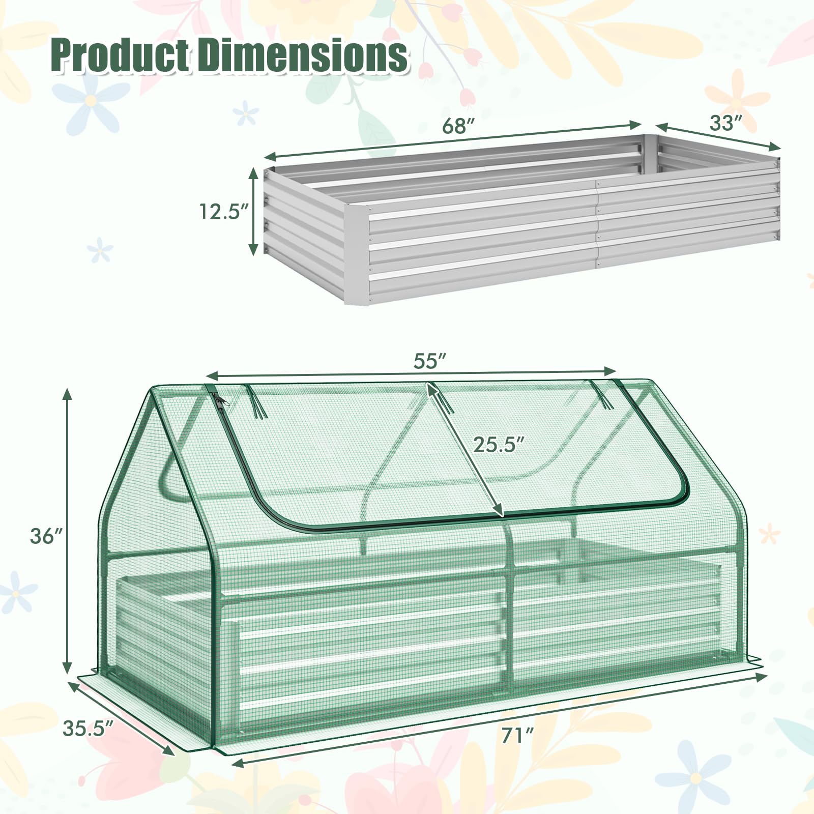 Giantex Galvanized Steel Raised Garden Bed with Mini Greenhouse, Outdoor Metal Planter Box Kit with Large Roll-up Cover 