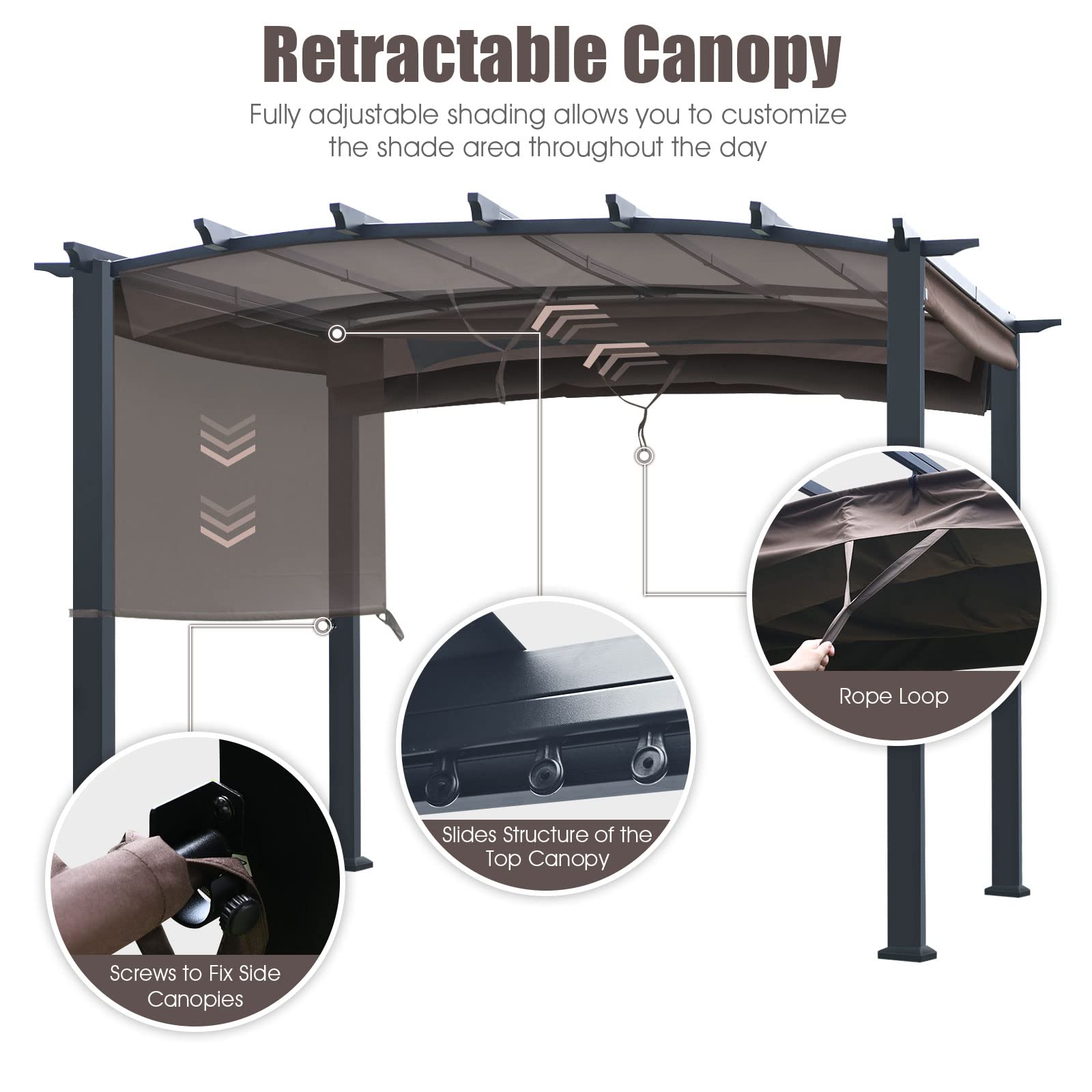 Outdoor Retractable Pergola 10' x 10', Metal Patio Gazebo Pergola