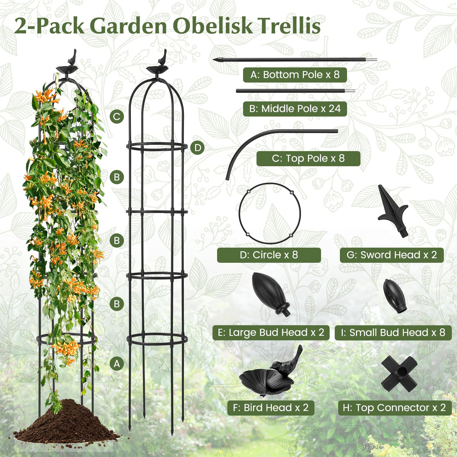 Giantex 2-Pack Tomato Cages, 69” PE-Coated Metal Garden Obelisk Trellis for Climbing Plants 