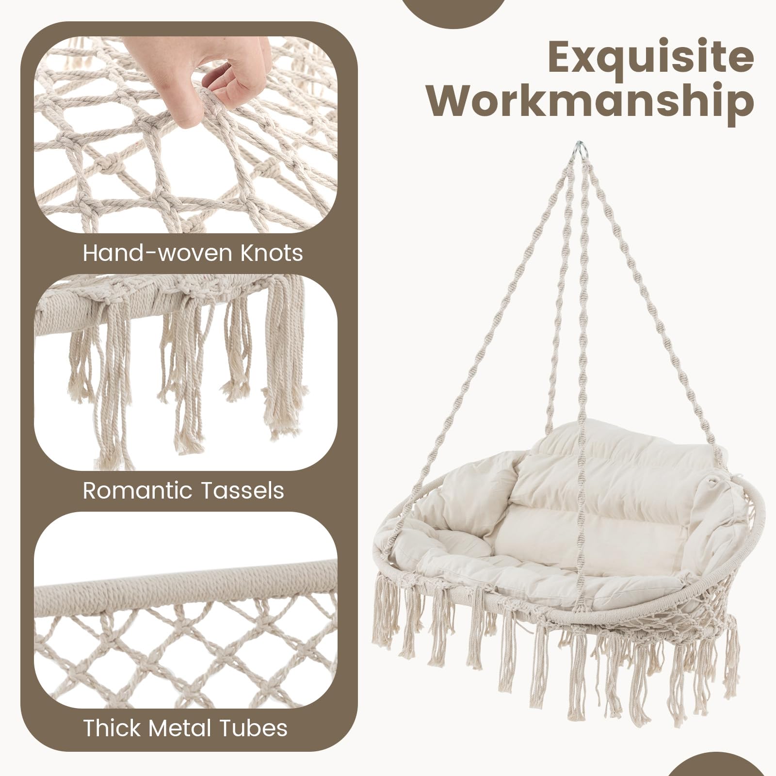 Giantex Hammock Chair, Macrame Hanging Chair with Removable Cushion, Max 440 lbs, Swinging Chair, Beige 