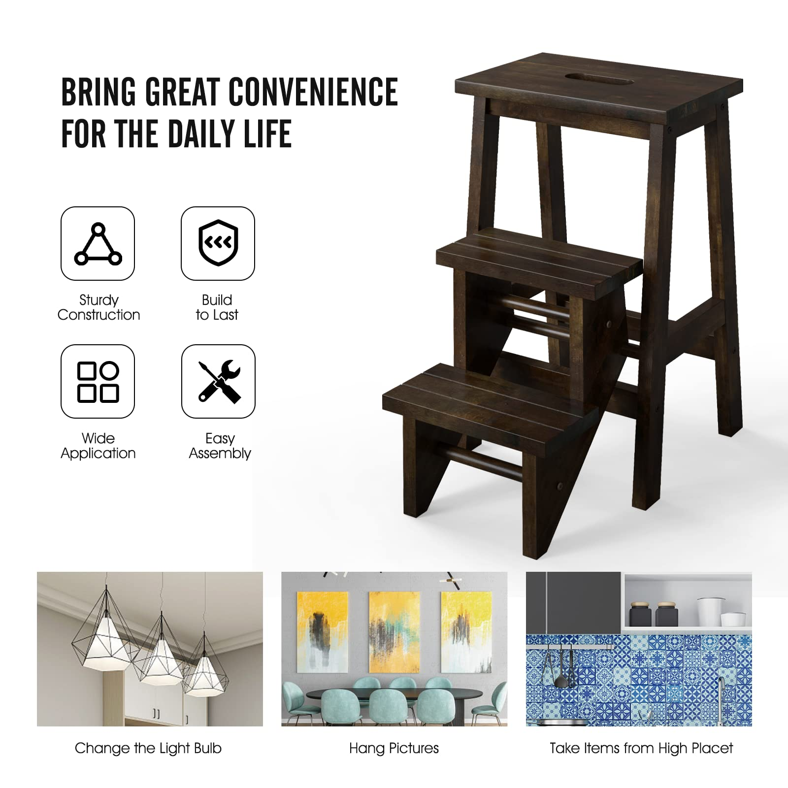 Giantex Folding 3 Tier Step Ladder, Multifunction 3-in-1 Wood Step Stool with Anti-Slip 