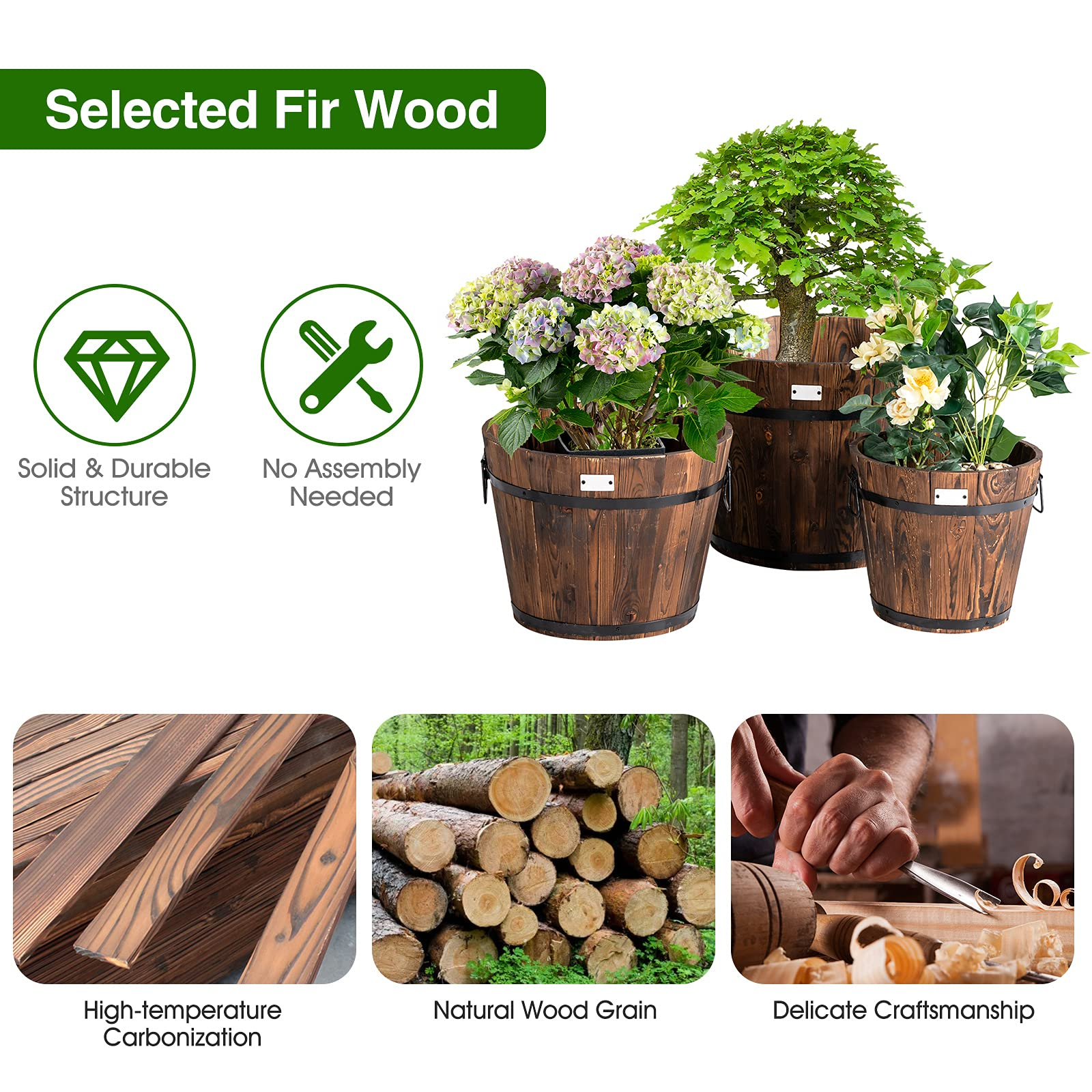 3 Pieces Wood Bucket Raised Beds for Plants Herbs Veggies 