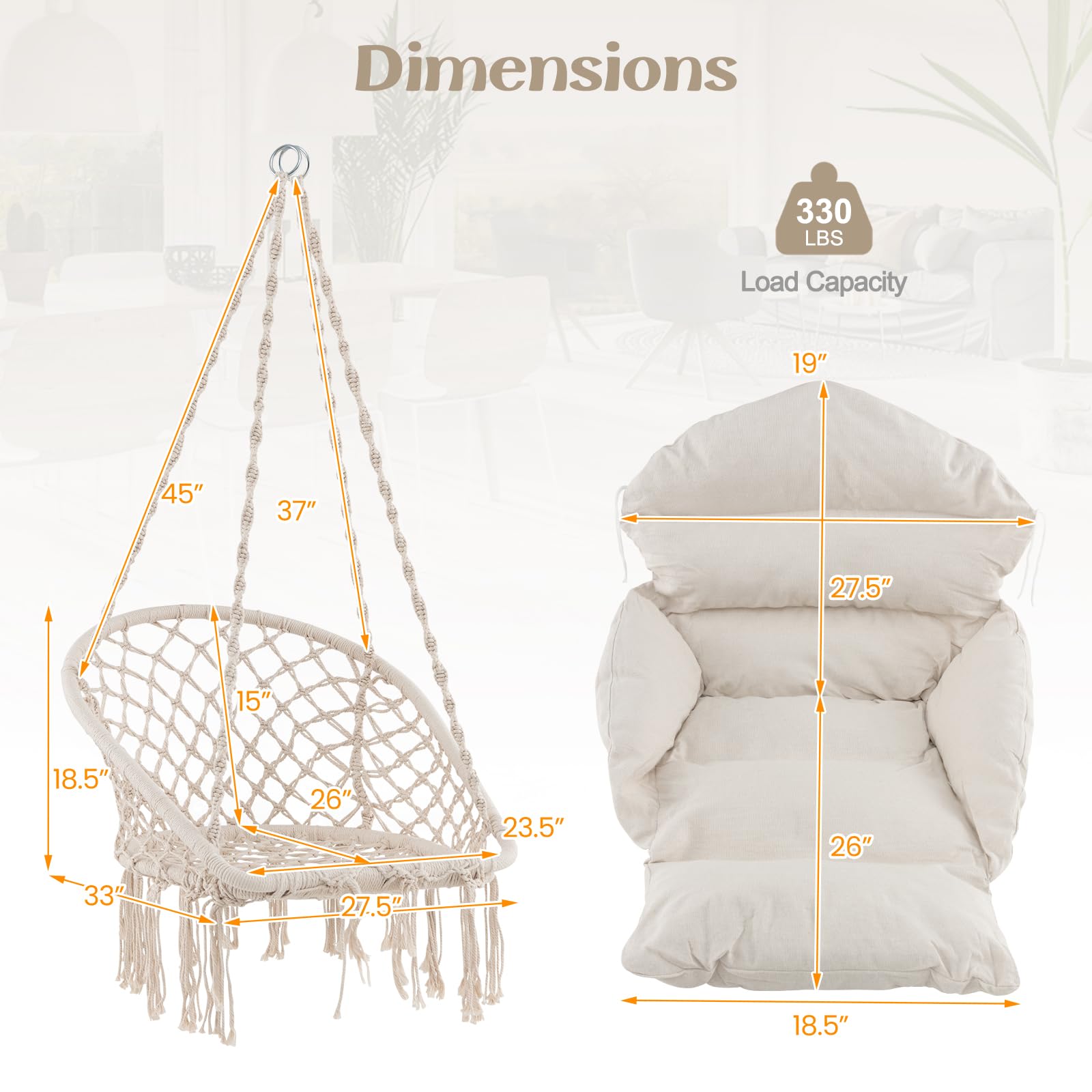 Giantex Hanging Chair Outdoor, Hammock Chair with Thick Cushion & Macrame 