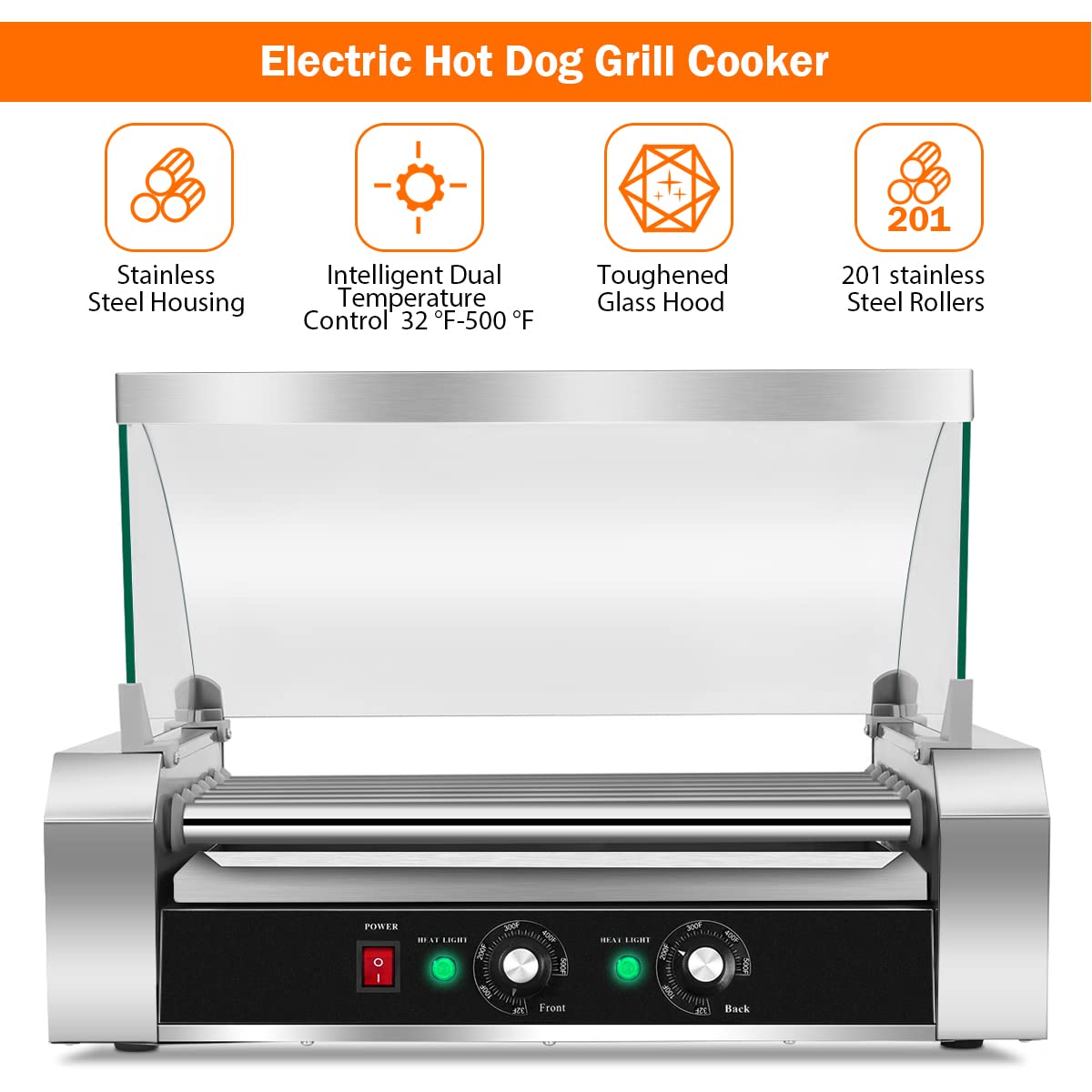 Giantex 7 Non-Stick Rollers 18 Hot Dog Sausage Grill Cooker Machine with Removable Stainless Steel Drip Tray and Glass Hood Cover 