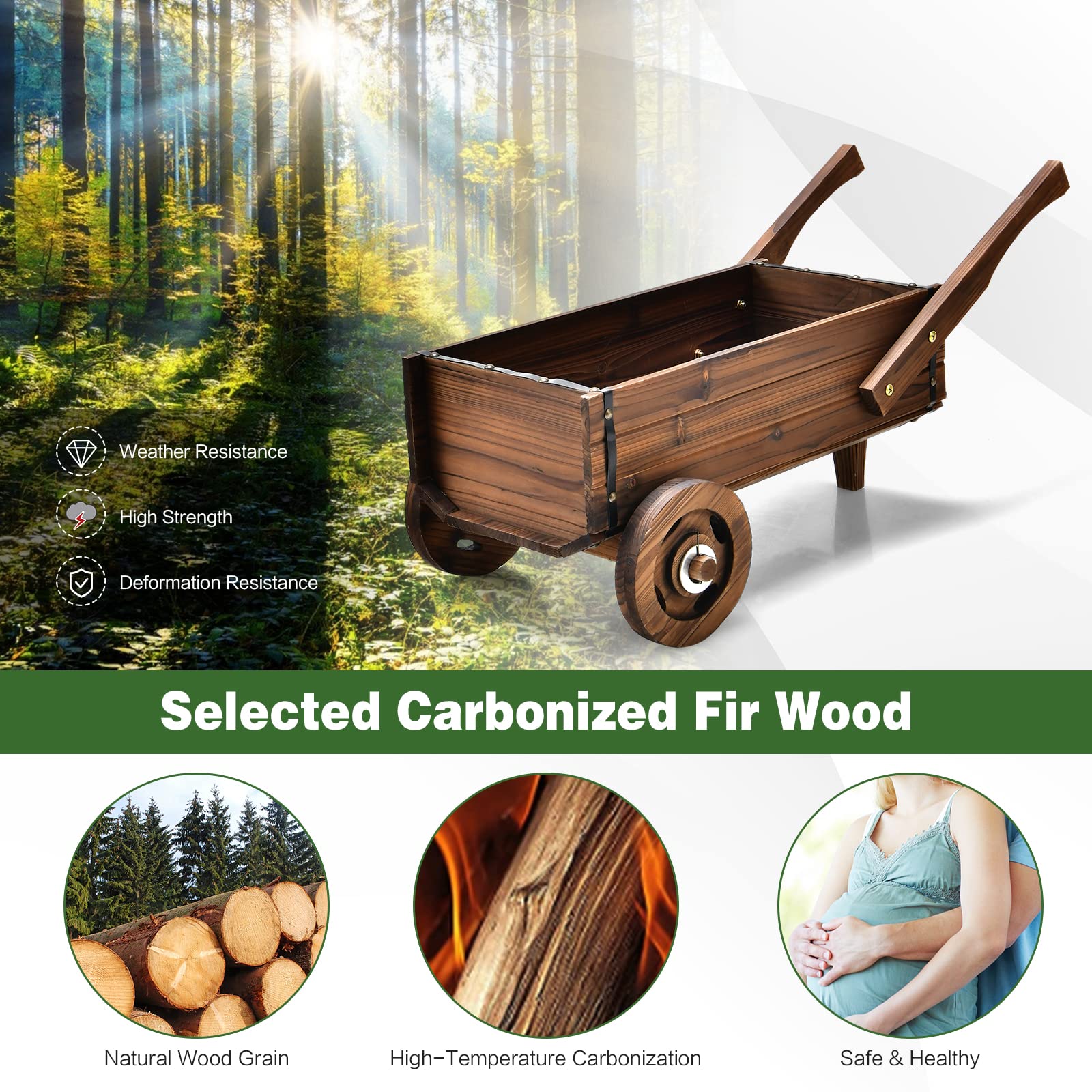 Giantex Wooden Wagon Planter Box, Decorative Wagon Cart with Wheels, Handles 