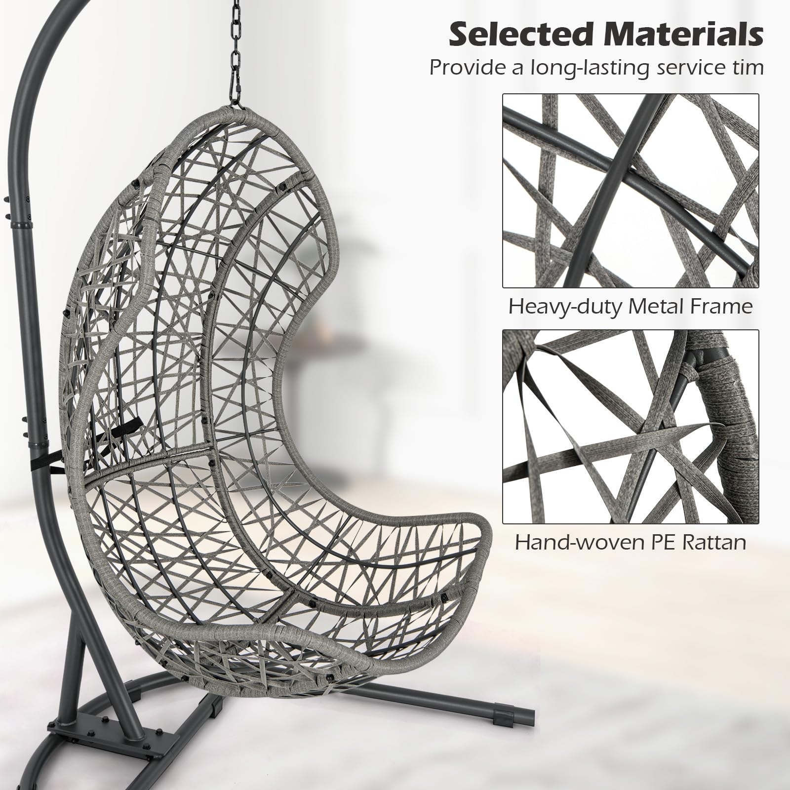 Giantex Swing Egg Chair Outdoor - PE Rattan Hammock Chair with Soft Pillow, Cushion, Metal Frame, Hanging Accessories 