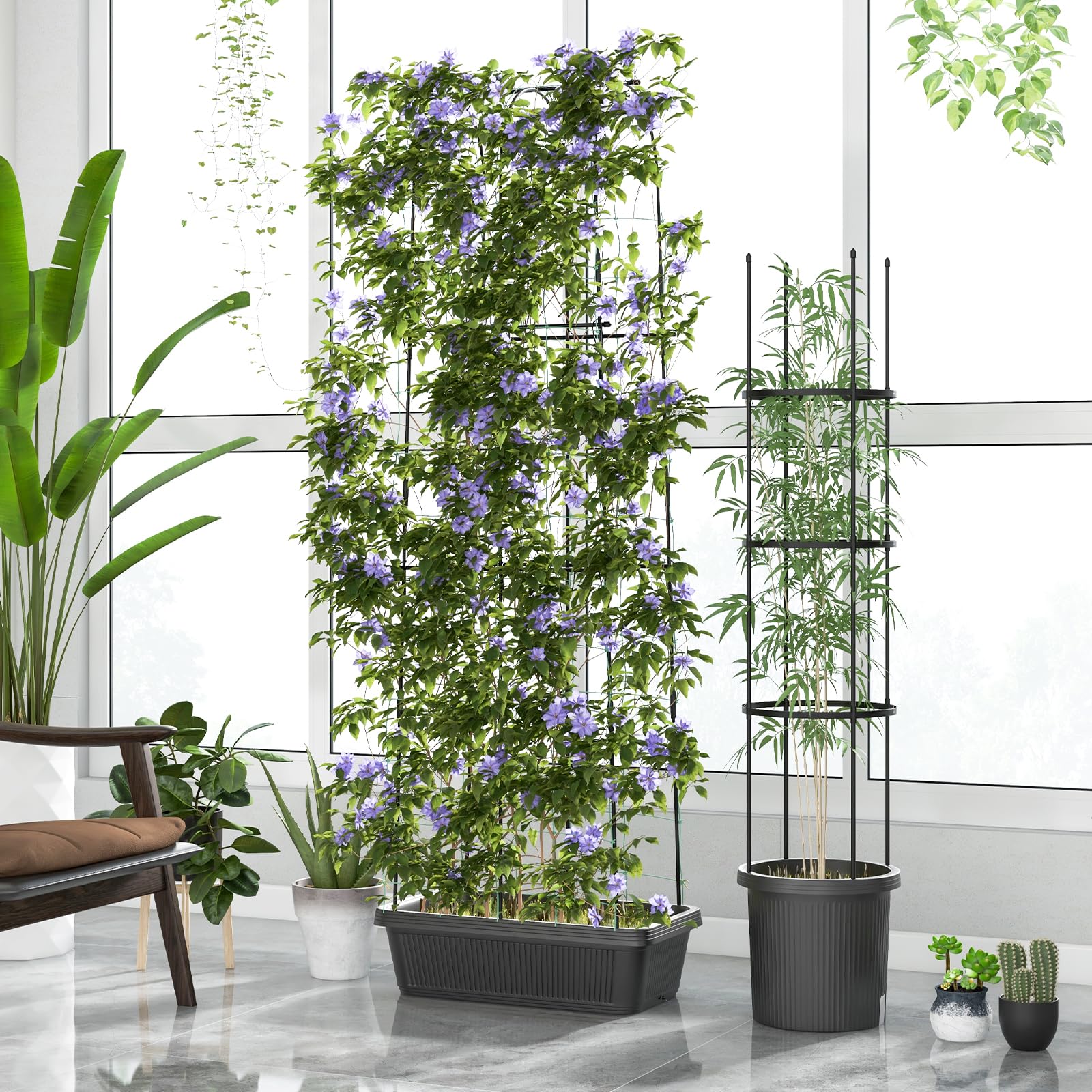 Giantex Set of 2 Raised Garden Bed w/Trellis & Plant Cage, Planter Box w/ 71” Cucumber Trellis 