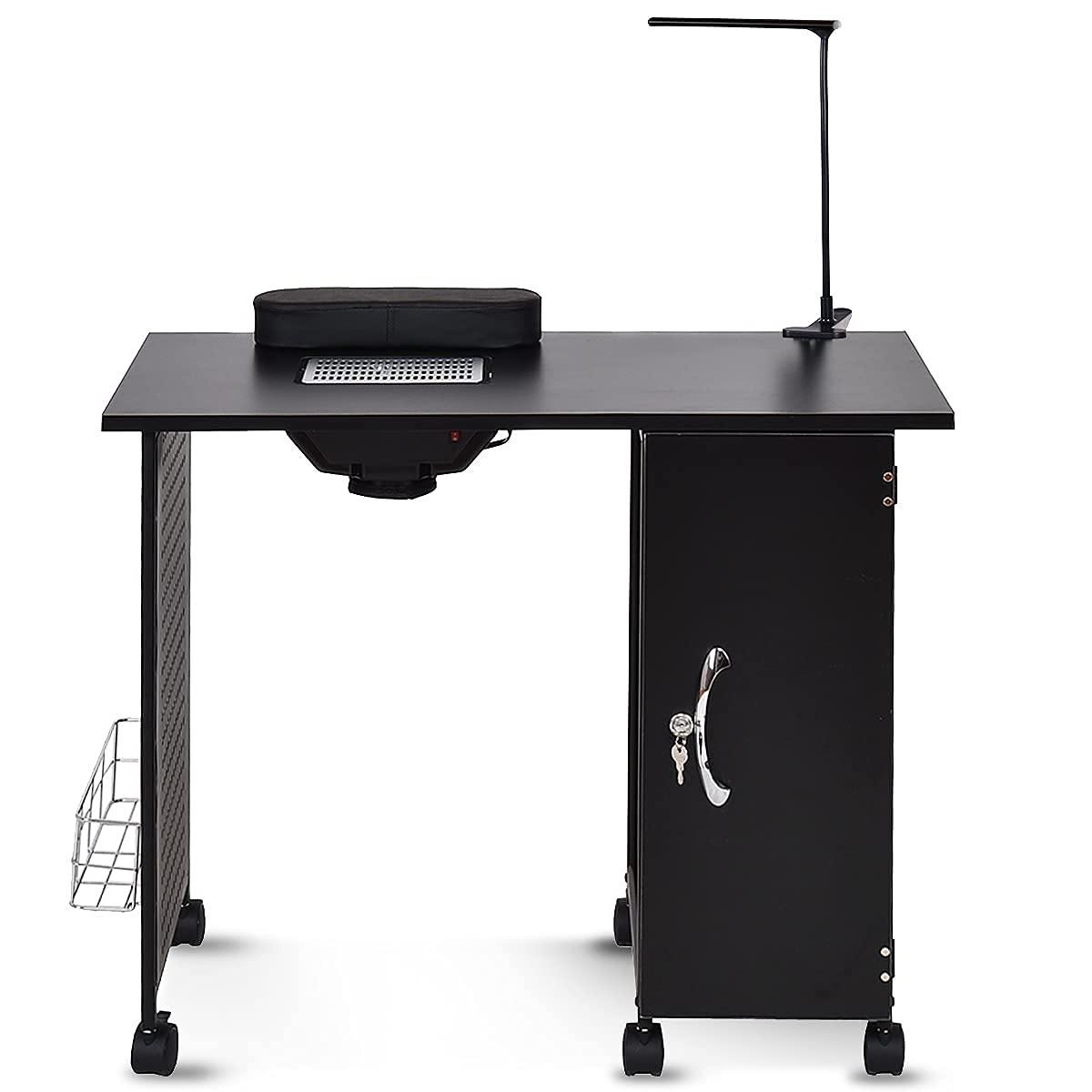 Nail Desk Manicure Table Steel Frame Nail Tables for Technician (Pure Black) 
