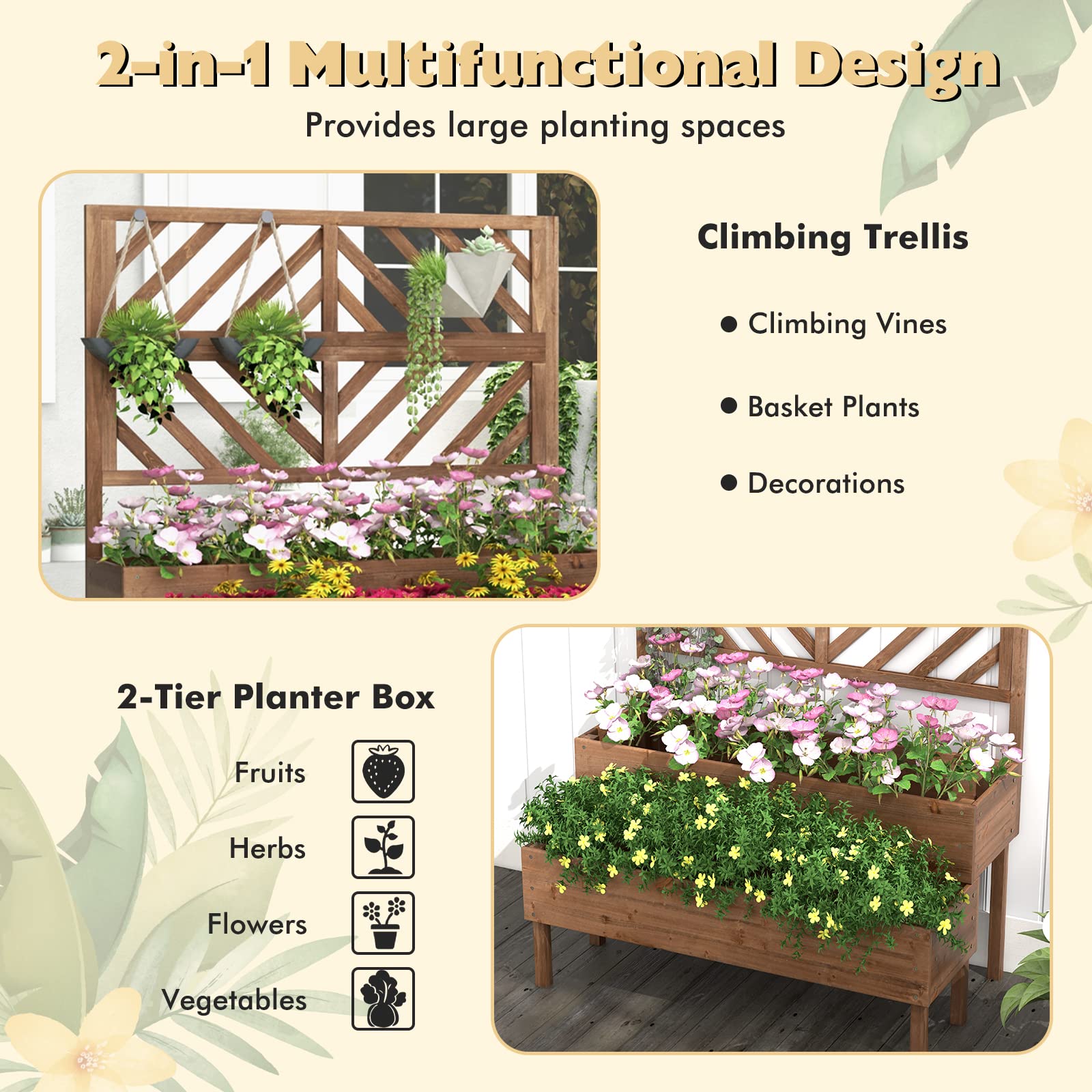 Giantex Raised Garden Bed with Trellis, 2-Tier Wooden Planter Box with Legs and Drain Holes (Brown) 