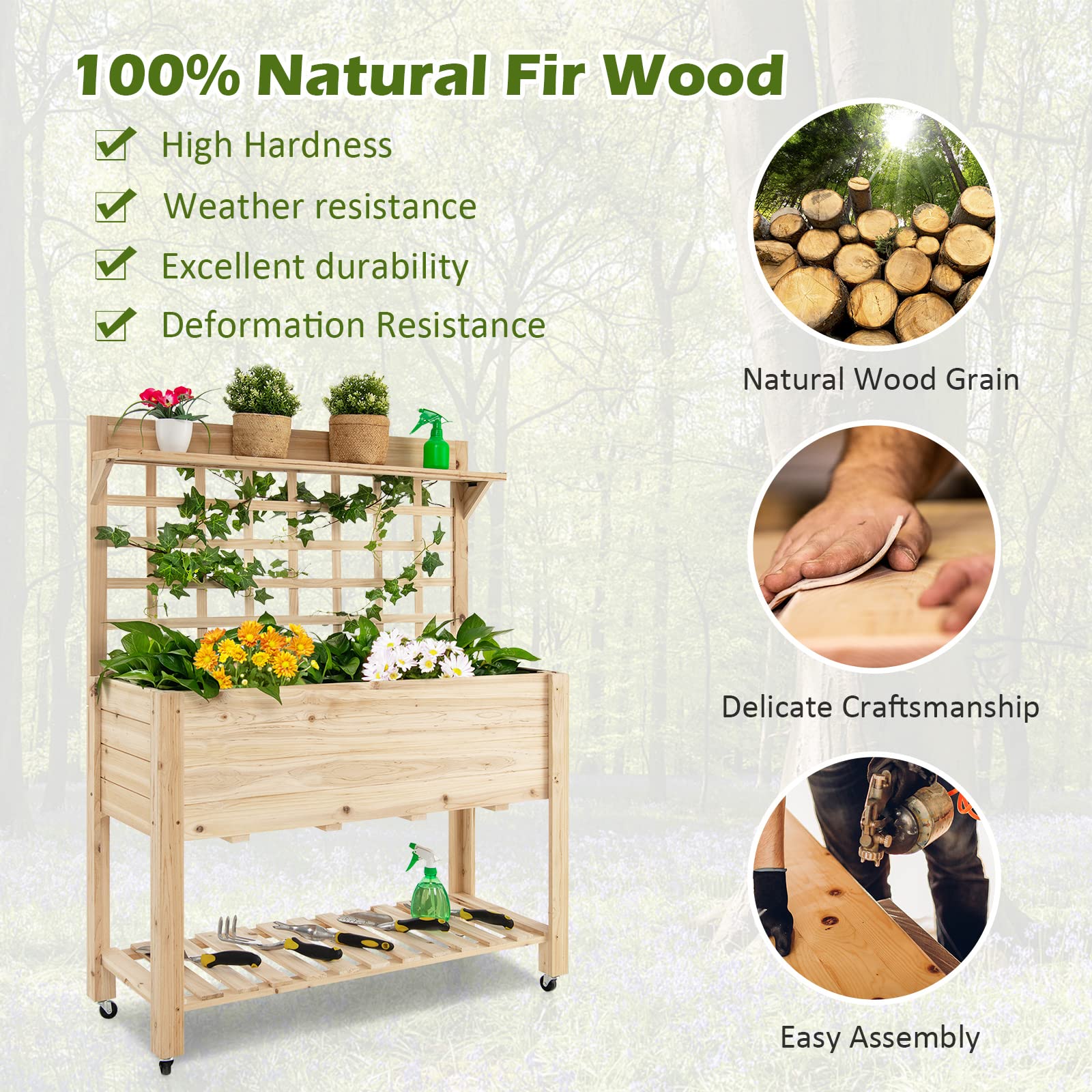 Giantex Raised Garden Bed on Wheels, Wood Planter with Trellis, Black Liner Storage Shelf 