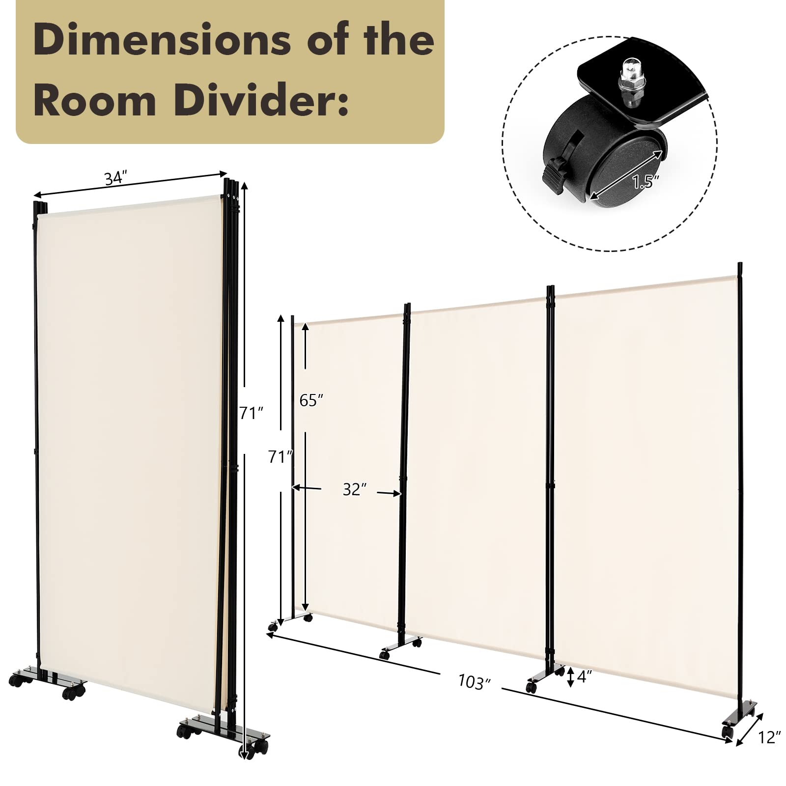 Giantex 3 Panel Room Divider with Wheels, 103''W x 71''H Folding Privacy Screen