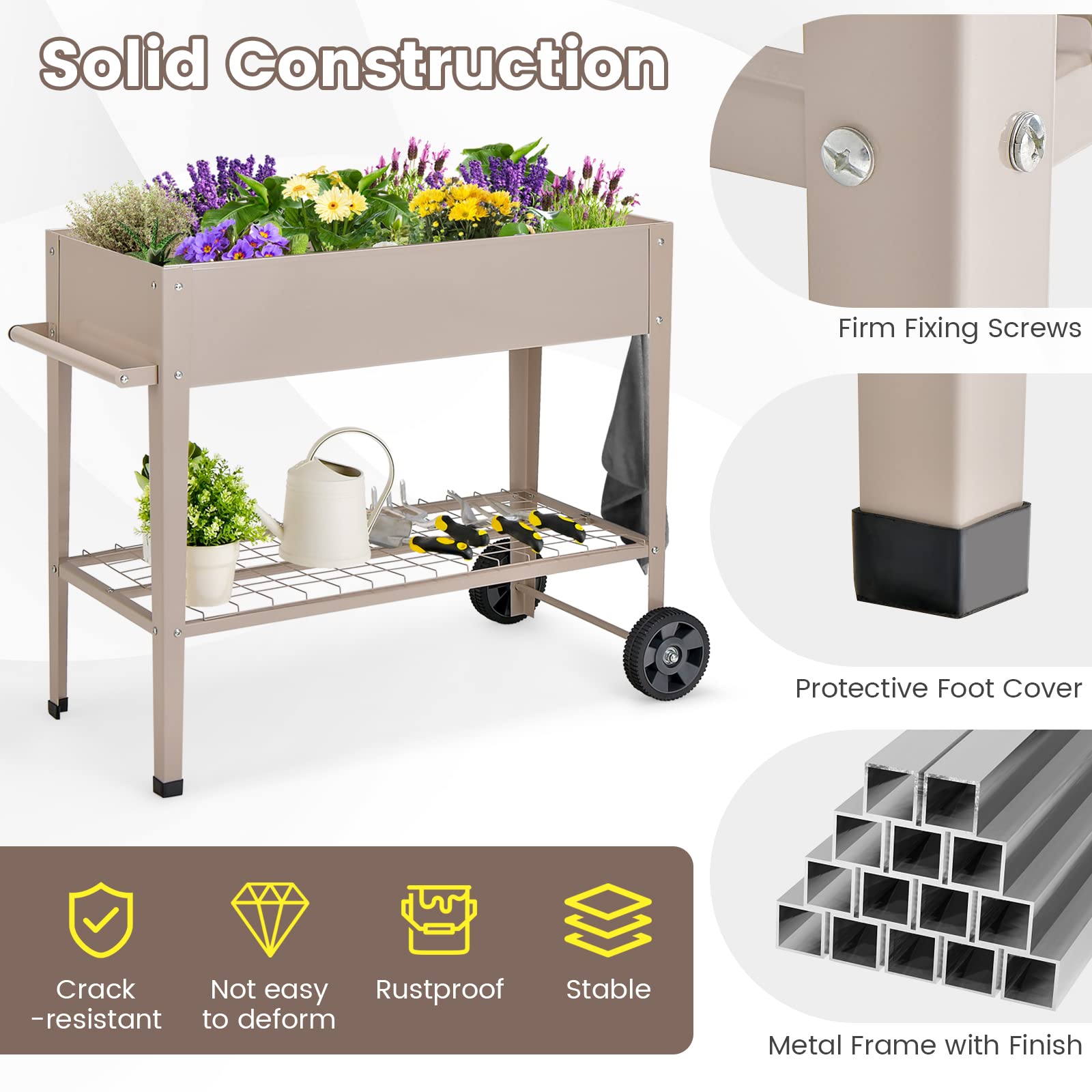 Giantex Raised Garden Bed with Legs, Metal Planter Box with Wheels, Storage Shelf (Light Brown) 