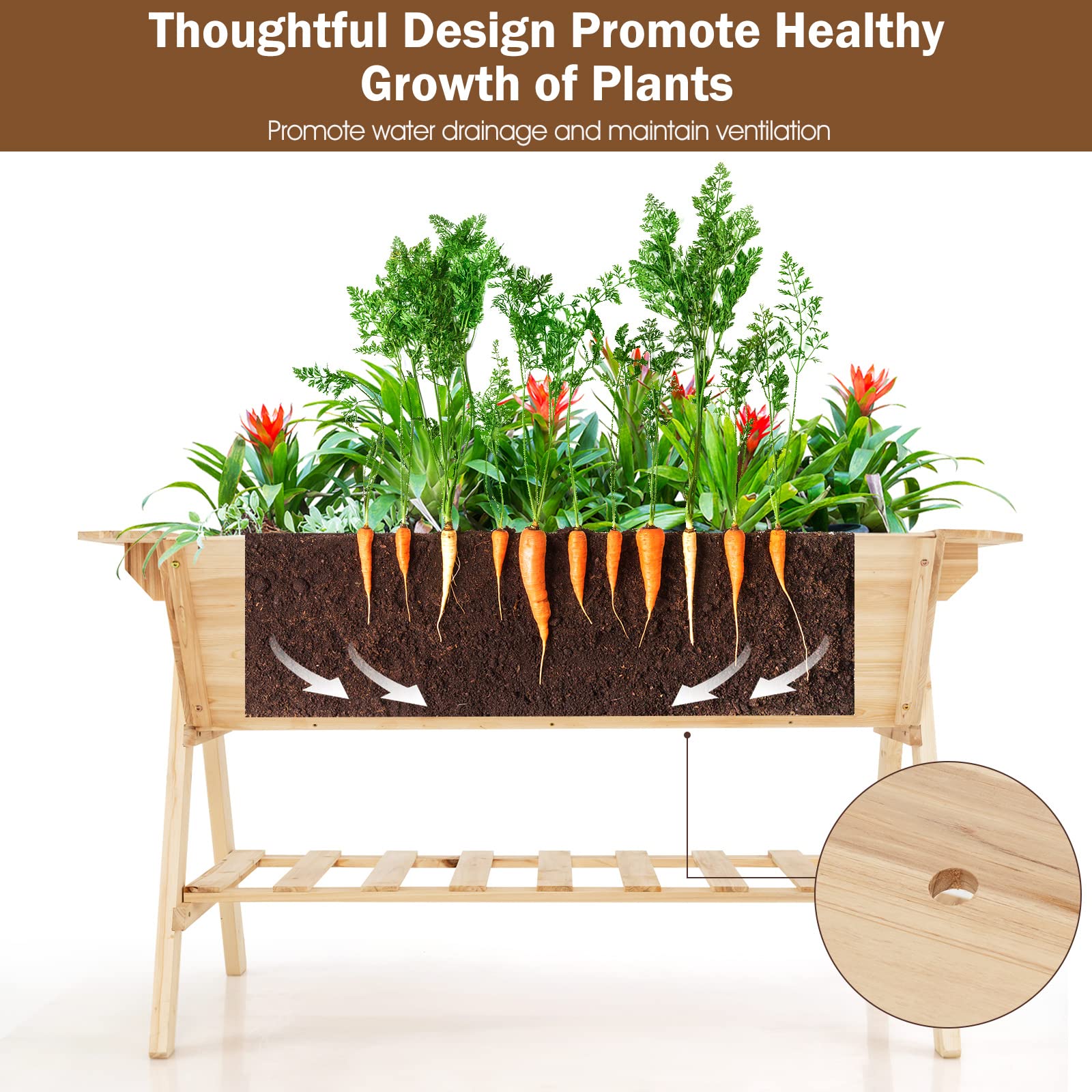 Giantex Plant Raised Bed 2 Tiers Garden Bed, Outdoor Fir Wood Plant Container with Storage Shelf 