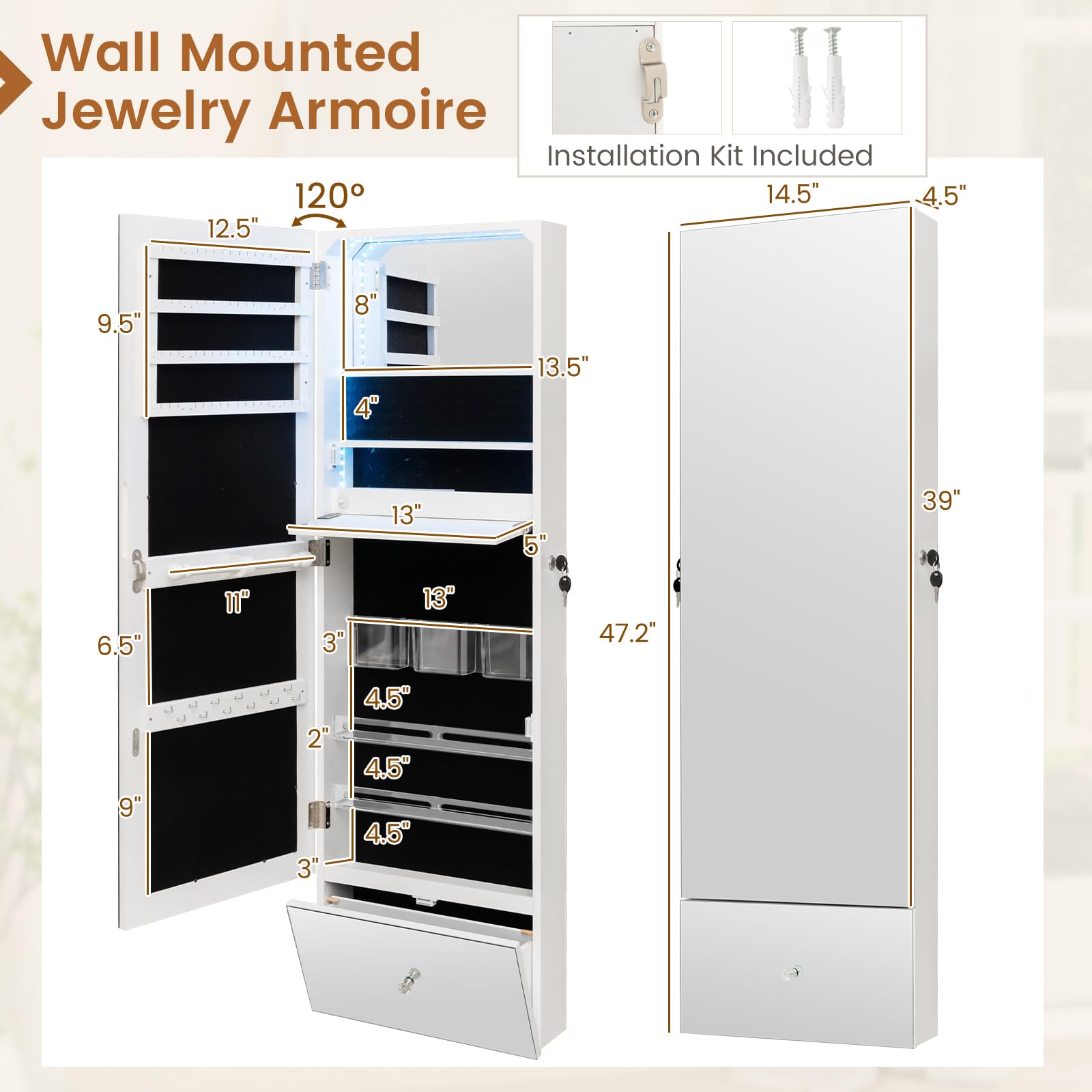 CHARMAID Jewelry Cabinet Wall Mounted, 47.2" Full Length Mirror, Lockable Jewelry Armoire with Tip out Storage Drawer 