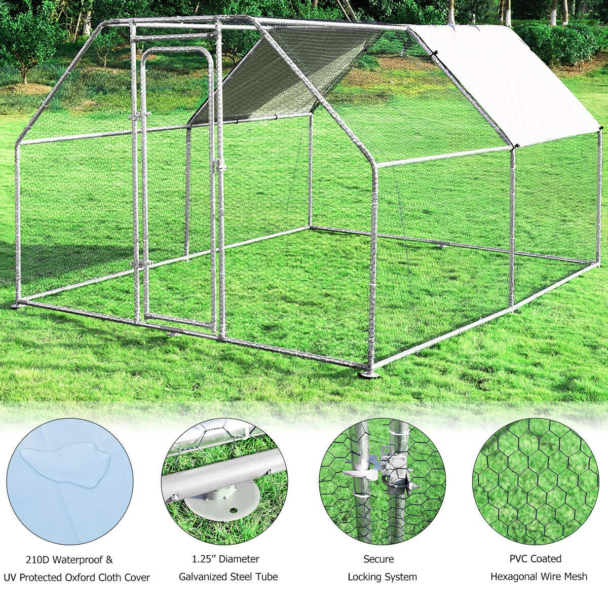 Large Metal Chicken Coop Walk-in Chicken Coops Hen Run House Shade Cage with Waterproof and Anti-Ultraviolet Cover for Outdoor Backyard 