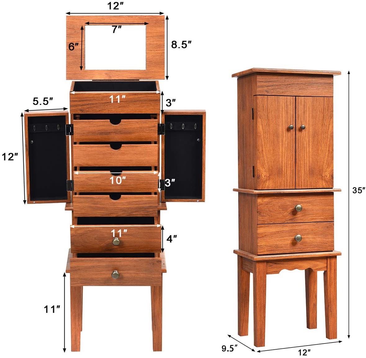 Large Top Storage Compartments Jewelry Cabinet (Honey)