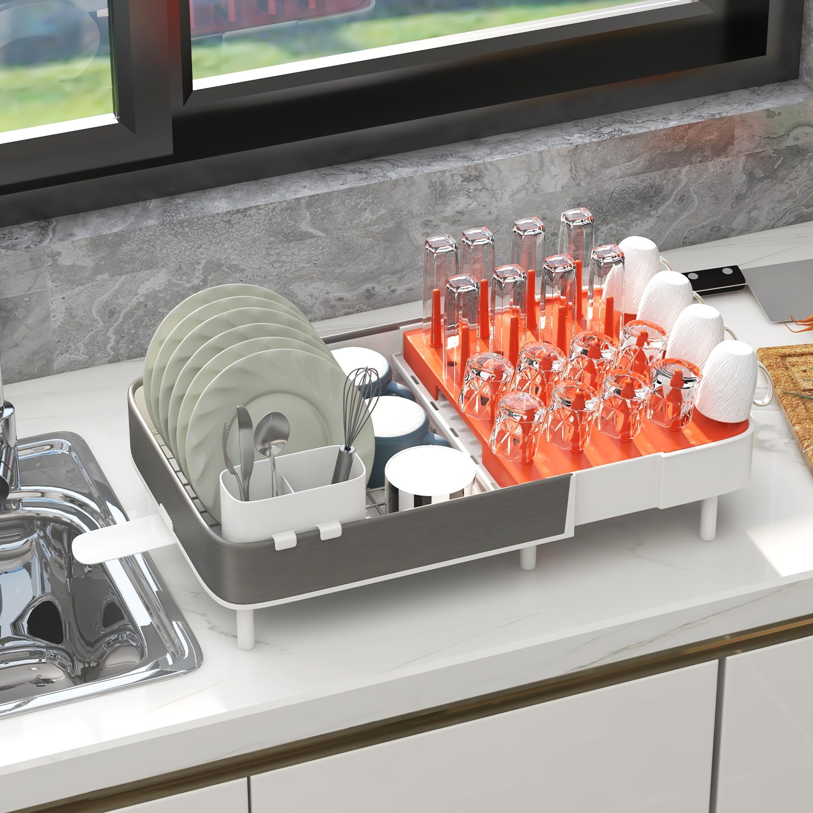 Giantex Expandable Dish Drying Rack - Adjustable Dual-Part Dish Drainer with Detachable Utensil Holder 