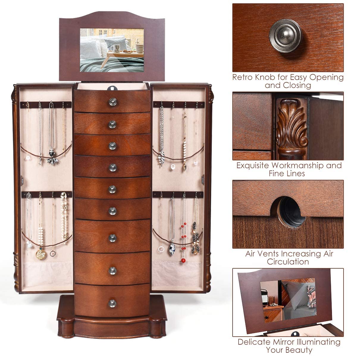 Large Jewelry Armoire Cabinet with 8 Drawers & 2 Swing Doors 16 Hooks Top Mirror Boxes 