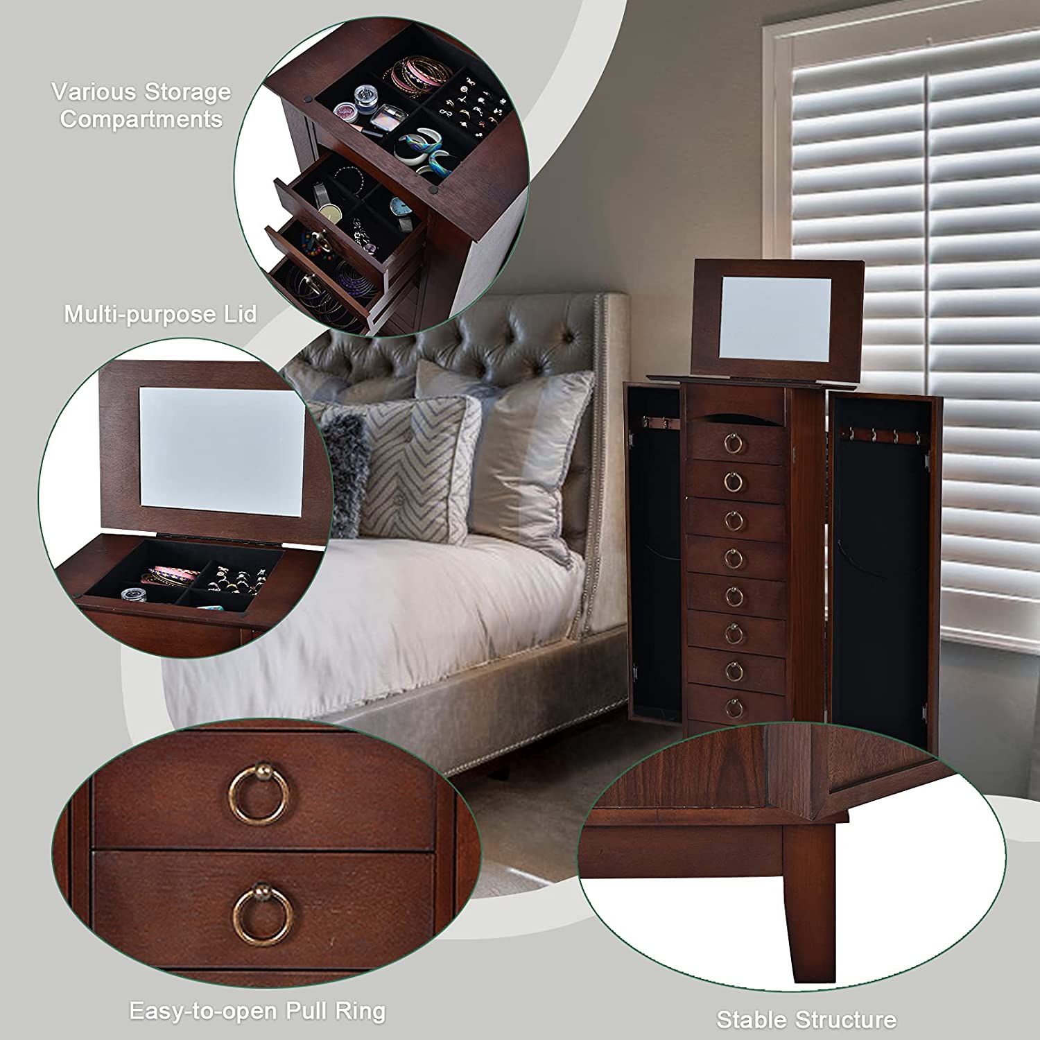 Jewelry Cabinet with Top Compartment Bedroom Armoire with Large Storage