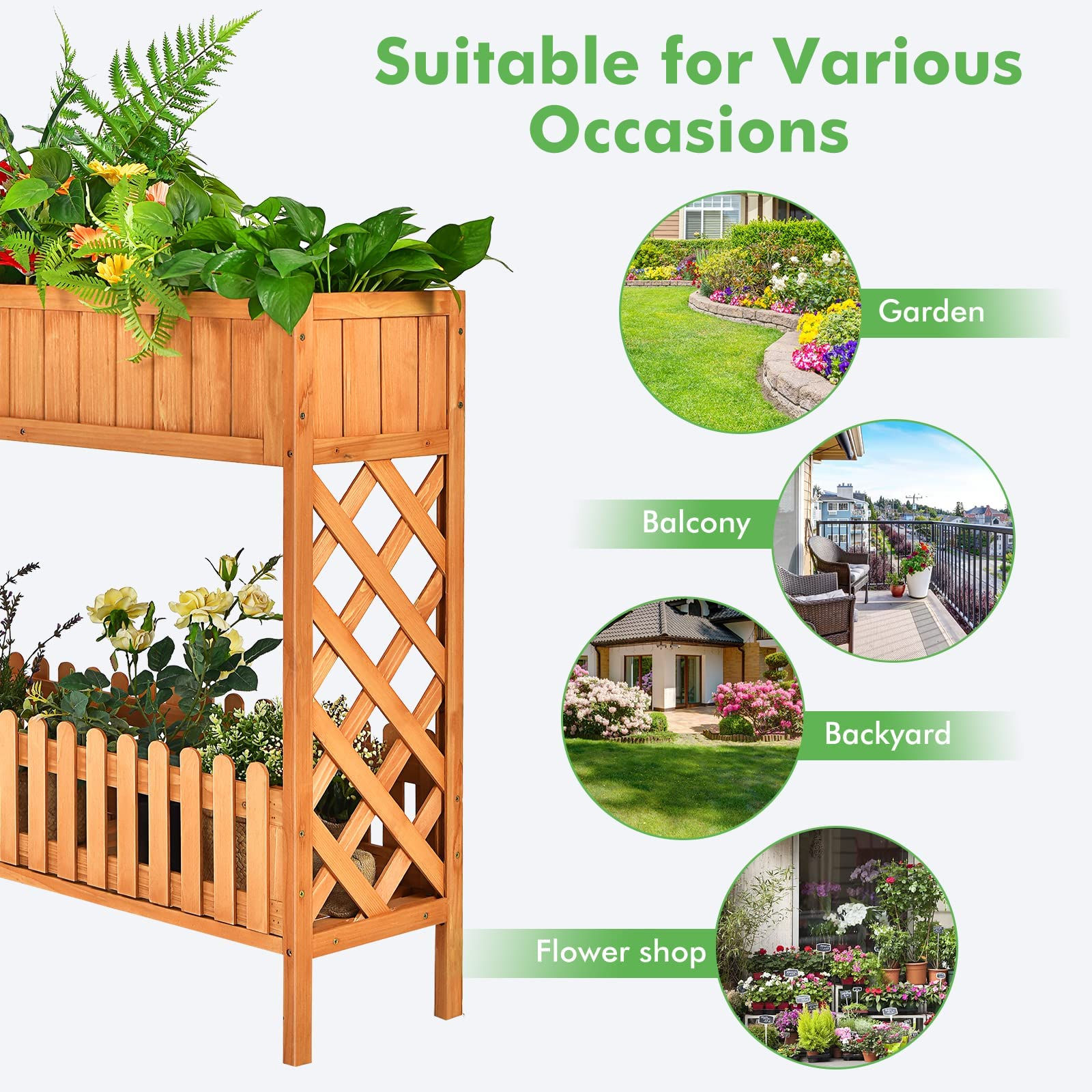 2-Tier Wood Potted Plant Rack with Fence 