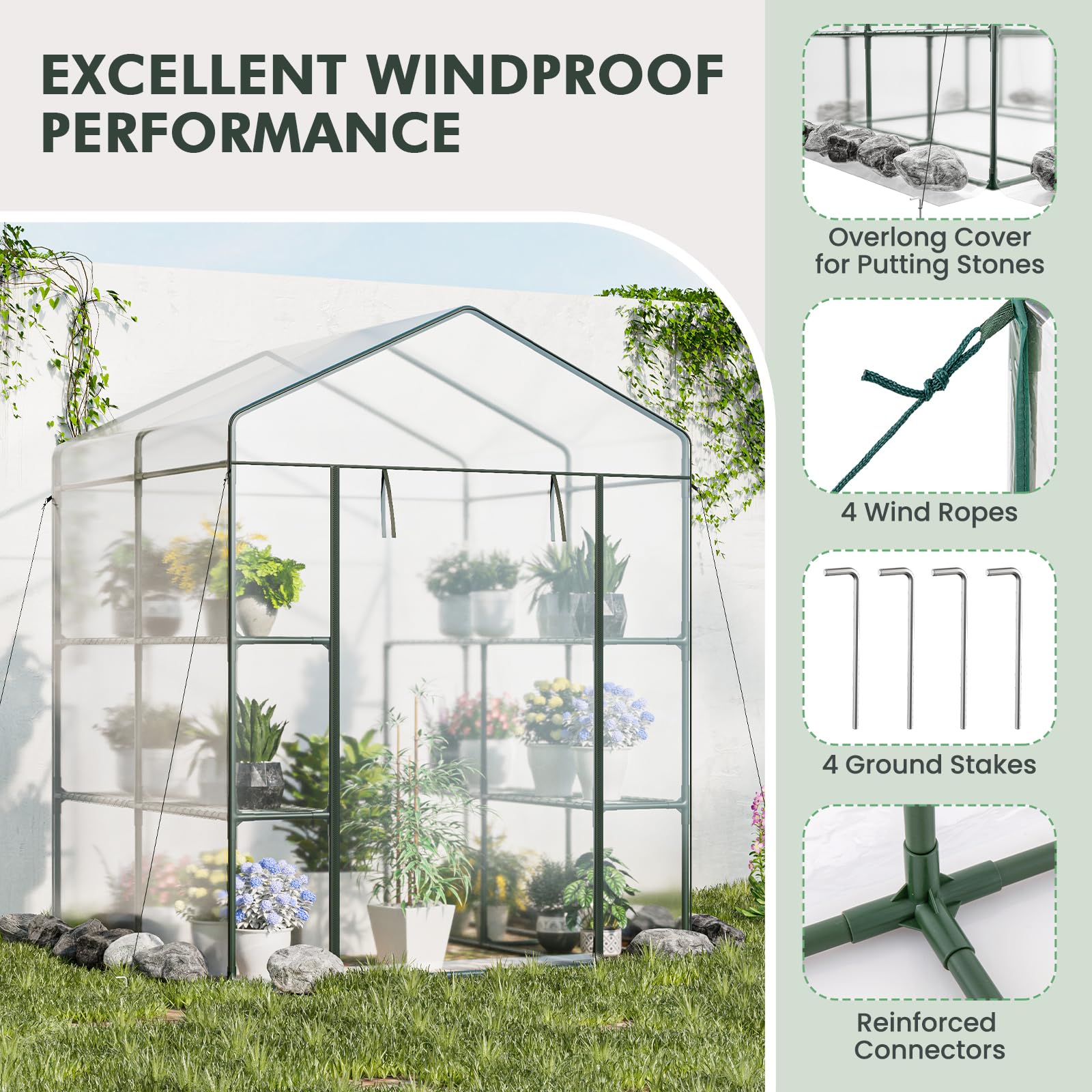 Giantex Walk-in Greenhouse w/ 3 Tiers 4 Shelves, 4 Ground Stakes & Ropes, PVC Cover 