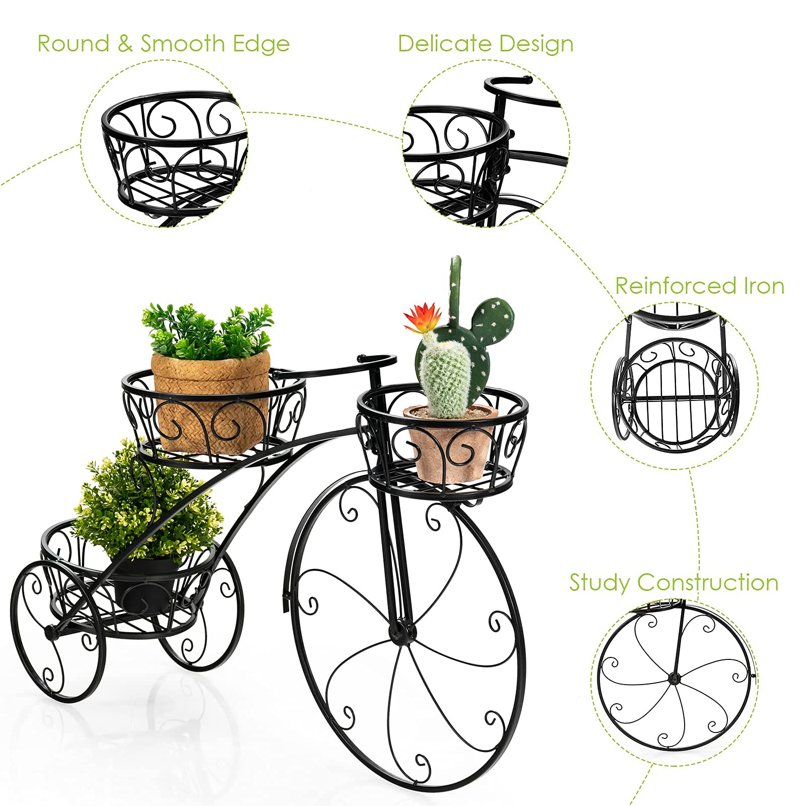 Giantex Tricycle Plant Stand Flower Pot Cart Holder with 3 Decorative Wheels 