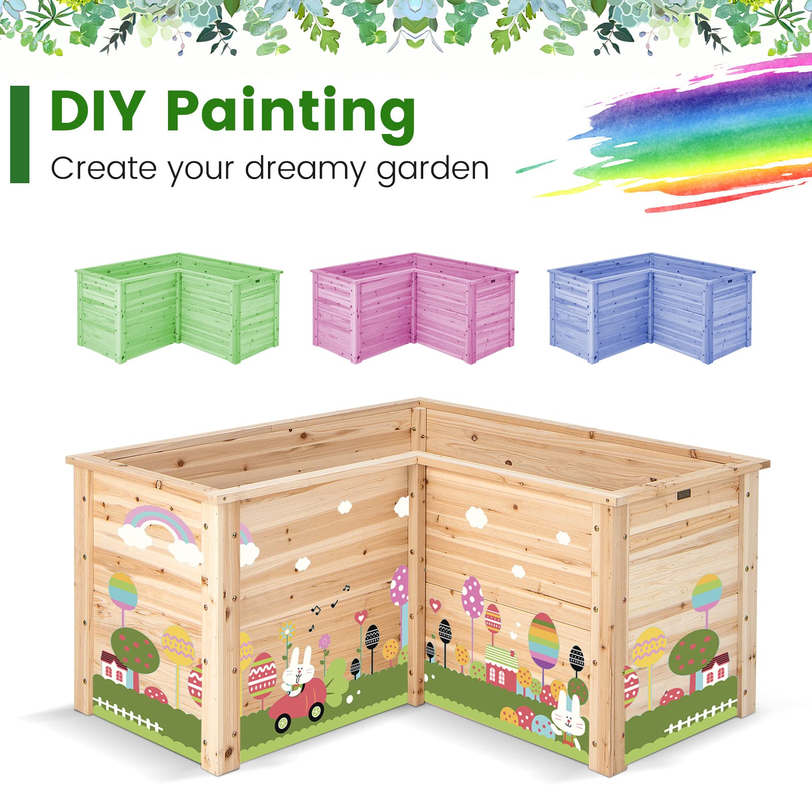 Giantex Raised Garden Bed, 47.5" x 47.5" x 24.5" Wooden Planter Box, Outdoor L-Shaped Deep Garden Bed for Sapling Flower Herb Vegetable Fruit 
