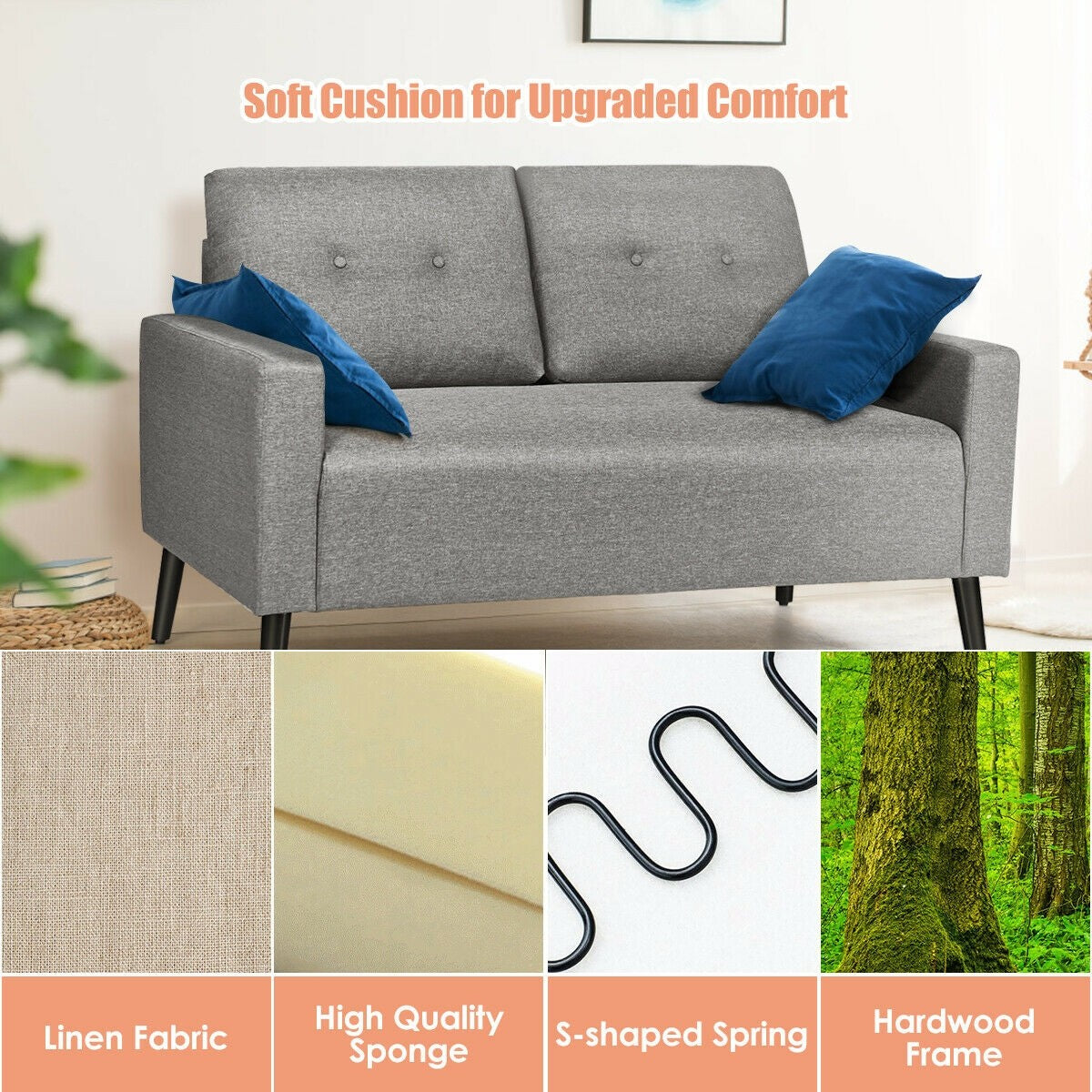 Giantex Modern Loveseat Sofa, 55" Upholstered Sofa Couch w/ Soft Cushion, Rubber Wooden Legs (Gray) 