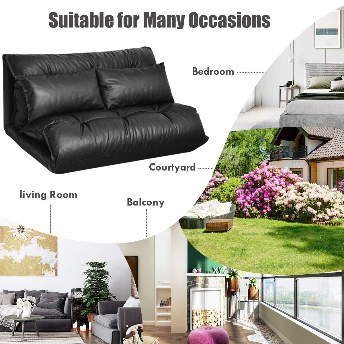 Giantex Floor Sofa PU Leather Leisure Bed Video Gaming Sofa with Two Pillows, Black 