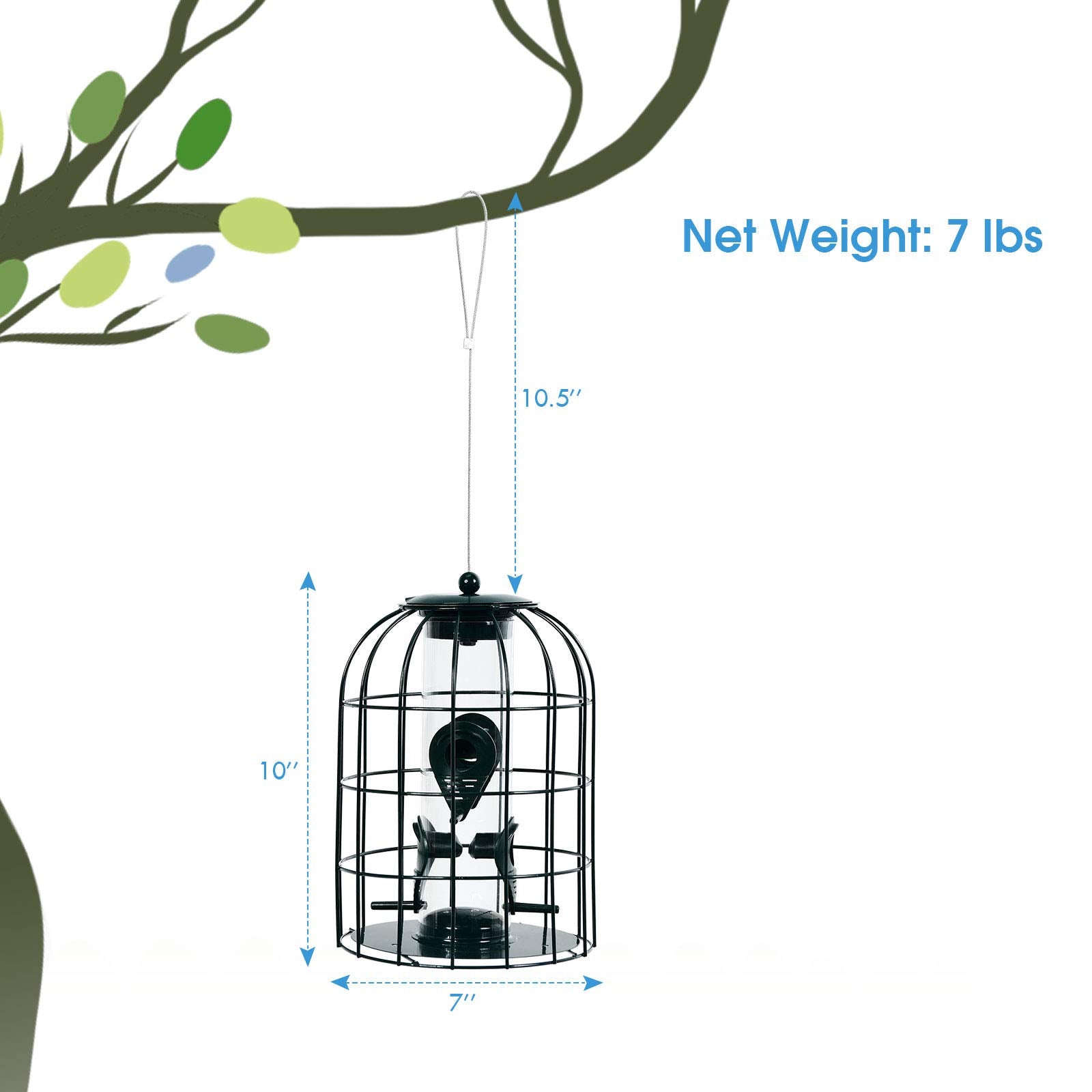Giantex Metal Hanging Bird Feeder, Outdoor Squirrel-Proof Bird Feeder Cage with 4 Feeding Ports, Transparent PC Tube 
